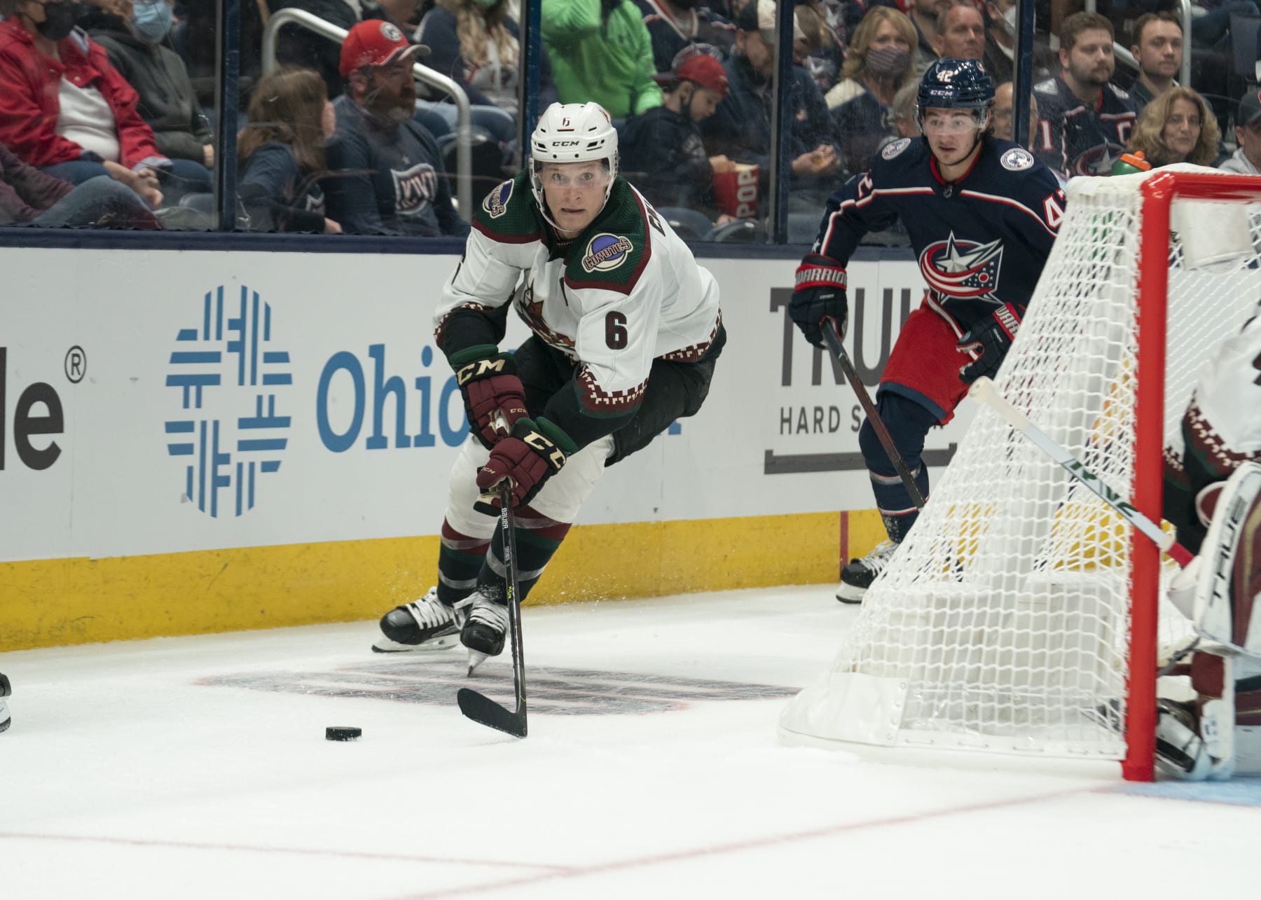 COLUMBUS, OH - OCTOBER 14: Arizona Coyotes defenseman Jakob Chychrun #6 controls the puck during the game between the Columbus Blue Jackets and the Arizona Coyotes at Nationwide Arena in Columbus, Ohio on October 14, 2021. (Photo by Jason Mowry/Icon Sportswire via Getty Images)