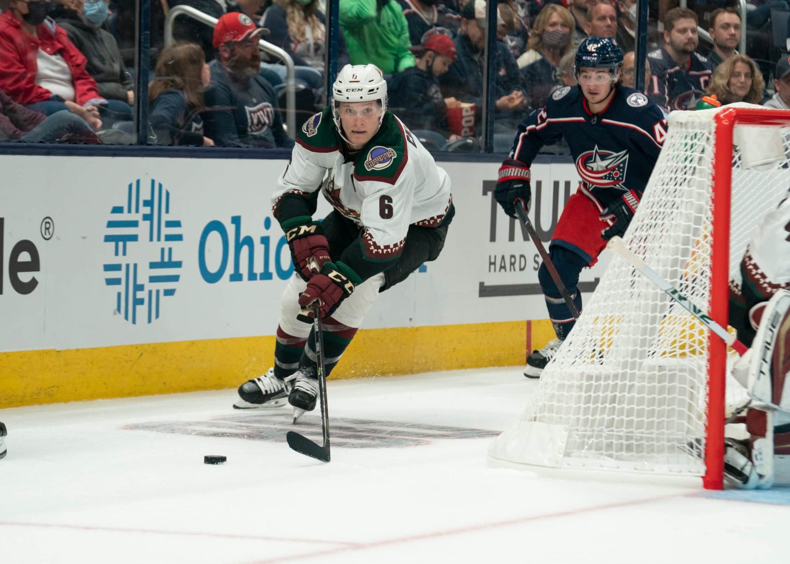 COLUMBUS, OH - OCTOBER 14: Arizona Coyotes defenseman Jakob Chychrun #6 controls the puck during the game between the Columbus Blue Jackets and the Arizona Coyotes at Nationwide Arena in Columbus, Ohio on October 14, 2021. (Photo by Jason Mowry/Icon Sportswire via Getty Images)