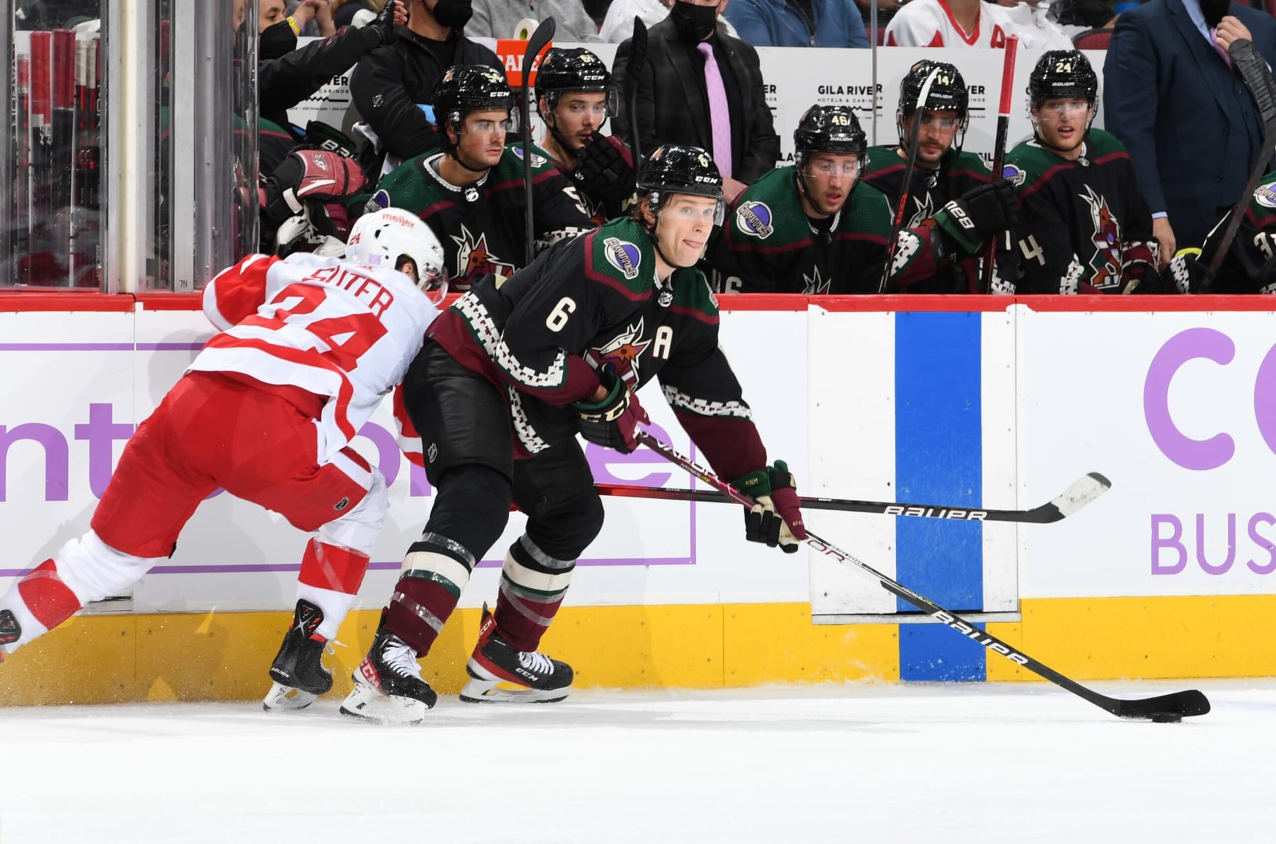 GLENDALE, ARIZONA - NOVEMBER 20: Jakob Chychrun #6 of the Arizona Coyotes looks to pass the puck against the Detroit Red Wings at Gila River Arena on November 20, 2021 in Glendale, Arizona. (Photo by Norm Hall/NHLI via Getty Images)