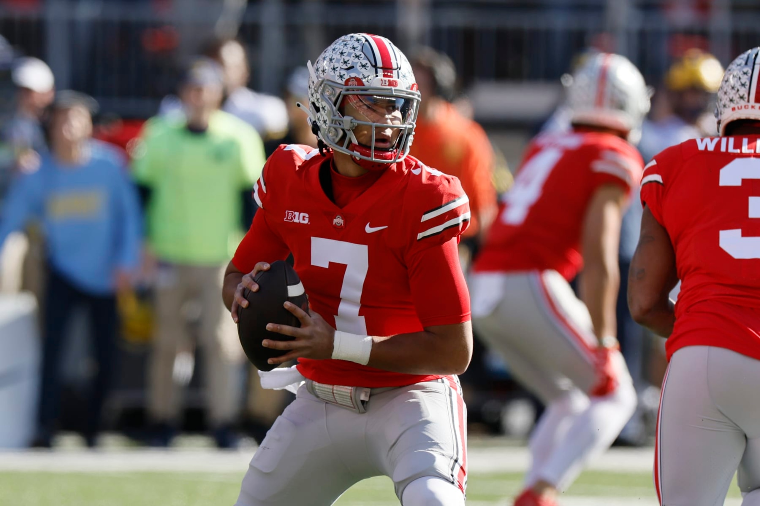 Ohio State quarterback C.J. Stroud drops back to pass against Michigan during the first half of an NCAA college football game against Michigan on Saturday, Nov. 26, 2022, in Columbus, Ohio. (AP Photo/Jay LaPrete) Ohio State quarterback C.J. Stroud drops back to pass against Michigan during the first half of an NCAA college football game against Michigan on Saturday, Nov. 26, 2022, in Columbus, Ohio. (AP Photo/Jay LaPrete)