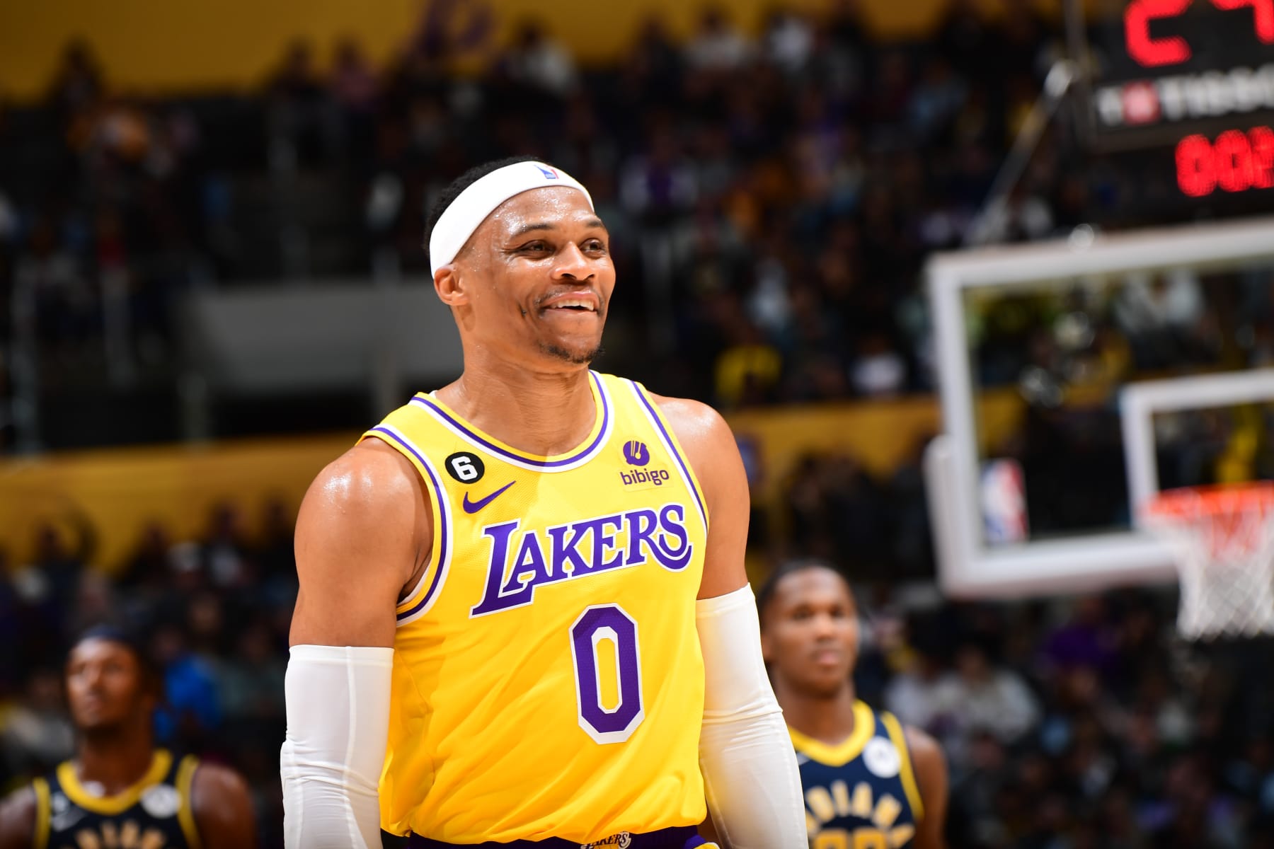 LOS ANGELES, CA - NOVEMBER 28: Russell Westbrook #0 of the Los Angeles Lakers smiles after a play during the game against the Indiana Pacers on November 28, 2022 at Crypto.Com Arena in Los Angeles, California. NOTE TO USER: User expressly acknowledges and agrees that, by downloading and/or using this Photograph, user is consenting to the terms and conditions of the Getty Images License Agreement. Mandatory Copyright Notice: Copyright 2022 NBAE (Photo by Adam Pantozzi/NBAE via Getty Images)