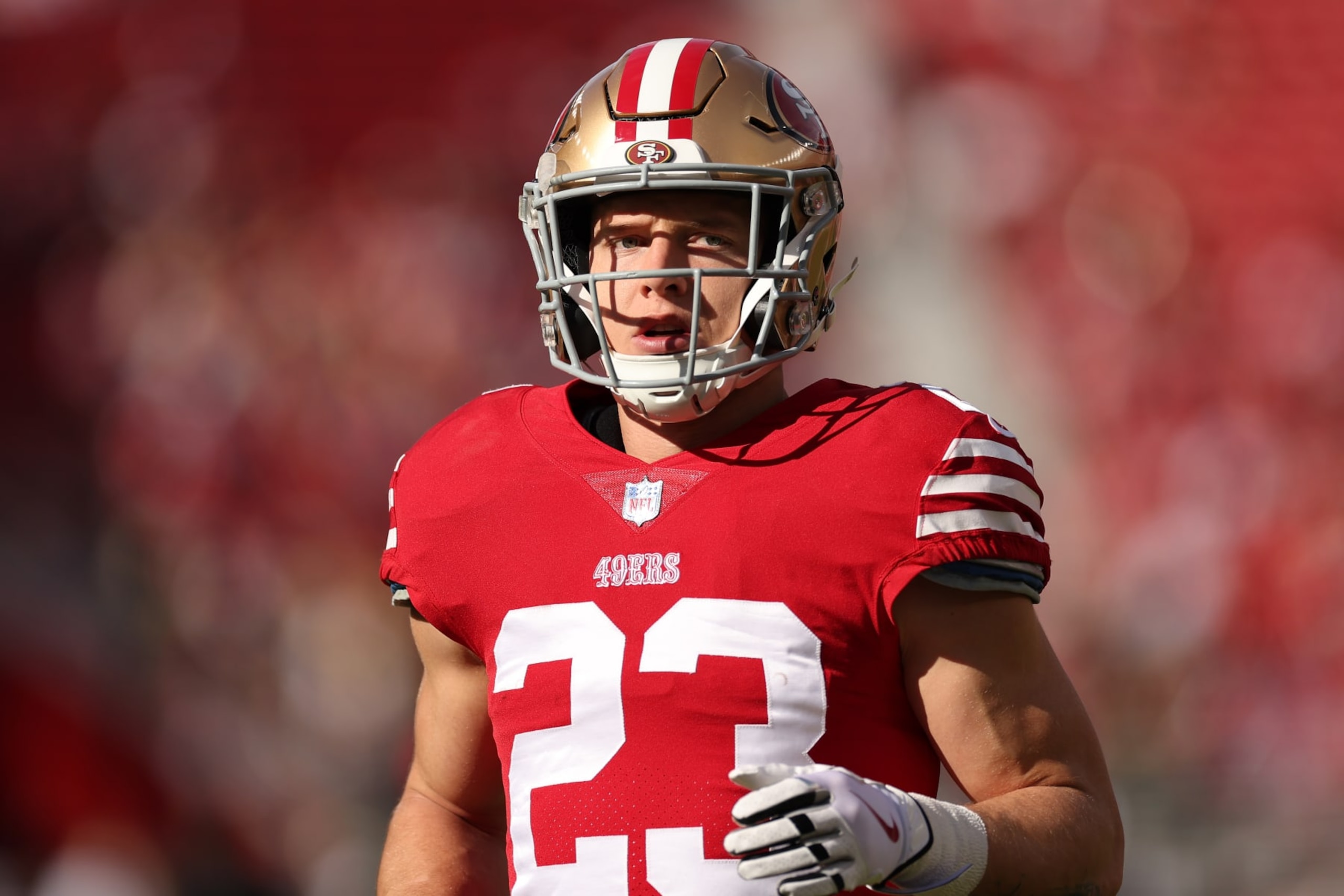SANTA CLARA, CALIFORNIA - NOVEMBER 27: Christian McCaffrey #23 of the San Francisco 49ers warms up prior to the game against the New Orleans Saints at Levi's Stadium on November 27, 2022 in Santa Clara, California. (Photo by Ezra Shaw/Getty Images)