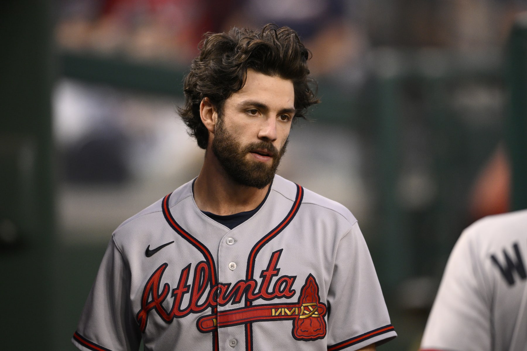 Atlanta Braves' Dansby Swanson looks on before a baseball game against the Washington Nationals, Wednesday, Sept. 28, 2022, in Washington. (AP Photo/Nick Wass)