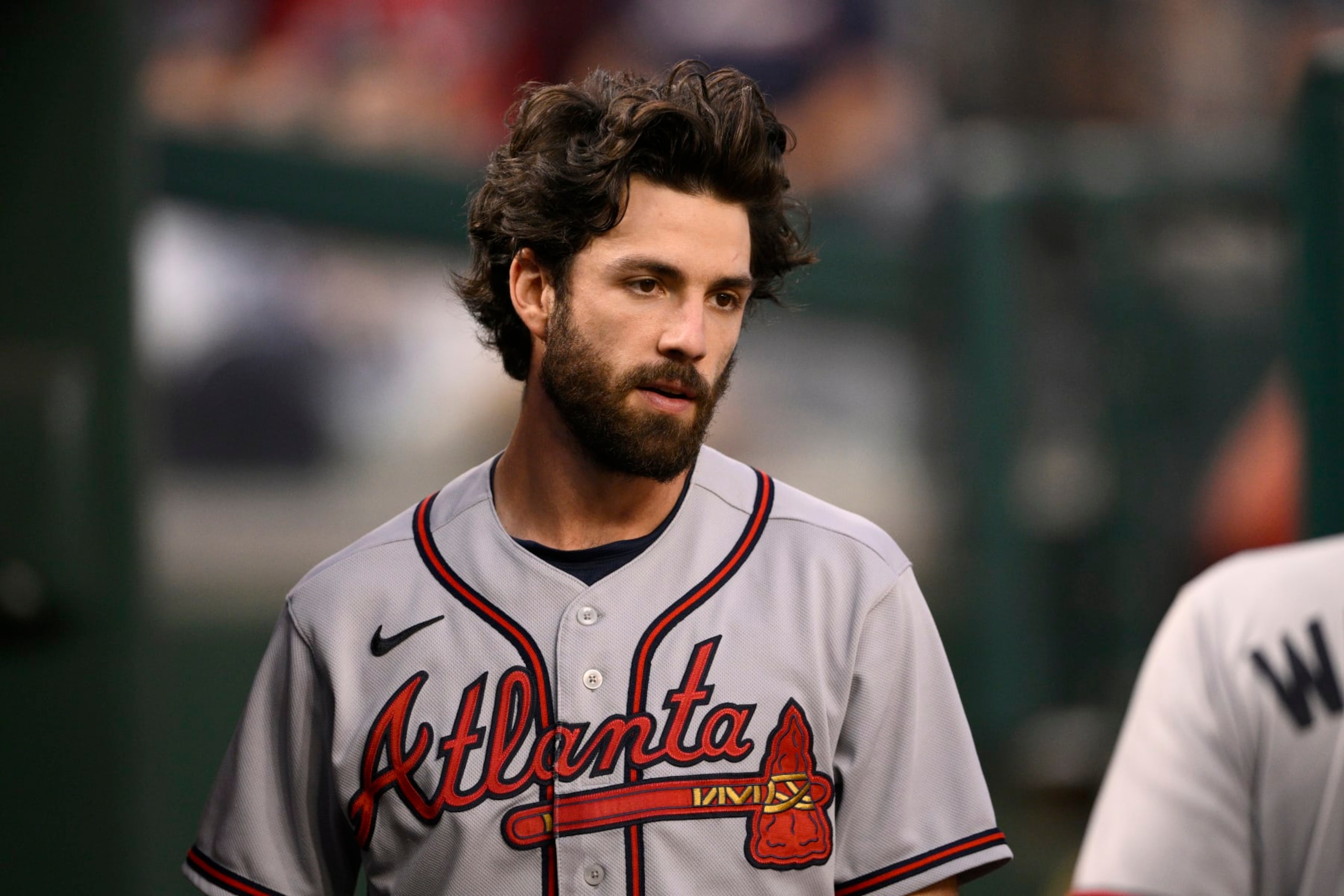 Atlanta Braves' Dansby Swanson looks on before a baseball game against the Washington Nationals, Wednesday, Sept. 28, 2022, in Washington. (AP Photo/Nick Wass)
