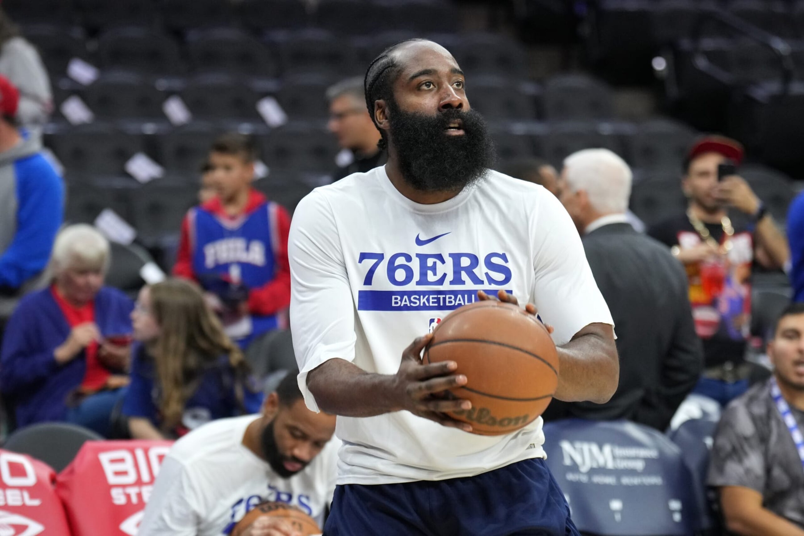 PHILADELPHIA, PA - NOVEMBER 2: James Harden #1 of the Philadelphia 76ers warms up before the game against the Washington Wizards on November 2, 2022 at the Wells Fargo Center in Philadelphia, Pennsylvania NOTE TO USER: User expressly acknowledges and agrees that, by downloading and/or using this Photograph, user is consenting to the terms and conditions of the Getty Images License Agreement. Mandatory Copyright Notice: Copyright 2022 NBAE (Photo by Jesse D. Garrabrant/NBAE via Getty Images) PHILADELPHIA, PA - NOVEMBER 2: James Harden #1 of the Philadelphia 76ers warms up before the game against the Washington Wizards on November 2, 2022 at the Wells Fargo Center in Philadelphia, Pennsylvania NOTE TO USER: User expressly acknowledges and agrees that, by downloading and/or using this Photograph, user is consenting to the terms and conditions of the Getty Images License Agreement. Mandatory Copyright Notice: Copyright 2022 NBAE (Photo by Jesse D. Garrabrant/NBAE via Getty Images)