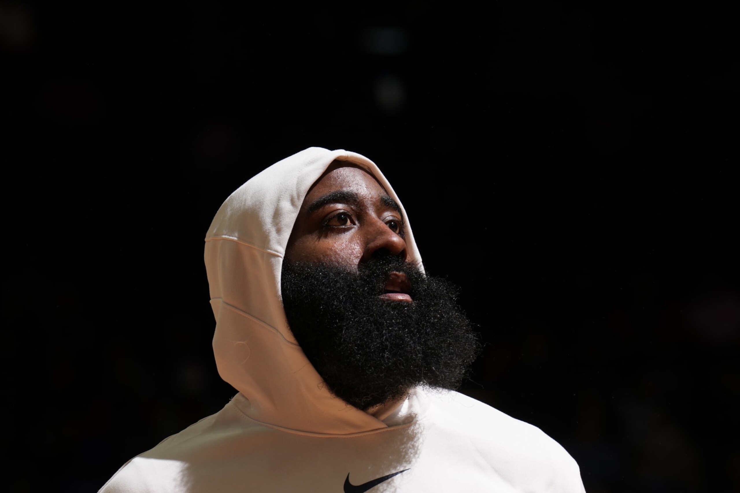 PHILADELPHIA, PA - NOVEMBER 19: James Harden #1 of the Philadelphia 76ers looks on before the game against the Minnesota Timberwolves on November 19, 2022 at the Wells Fargo Center in Philadelphia, Pennsylvania NOTE TO USER: User expressly acknowledges and agrees that, by downloading and/or using this Photograph, user is consenting to the terms and conditions of the Getty Images License Agreement. Mandatory Copyright Notice: Copyright 2022 NBAE (Photo by Jesse D. Garrabrant/NBAE via Getty Images) PHILADELPHIA, PA - NOVEMBER 19: James Harden #1 of the Philadelphia 76ers looks on before the game against the Minnesota Timberwolves on November 19, 2022 at the Wells Fargo Center in Philadelphia, Pennsylvania NOTE TO USER: User expressly acknowledges and agrees that, by downloading and/or using this Photograph, user is consenting to the terms and conditions of the Getty Images License Agreement. Mandatory Copyright Notice: Copyright 2022 NBAE (Photo by Jesse D. Garrabrant/NBAE via Getty Images)