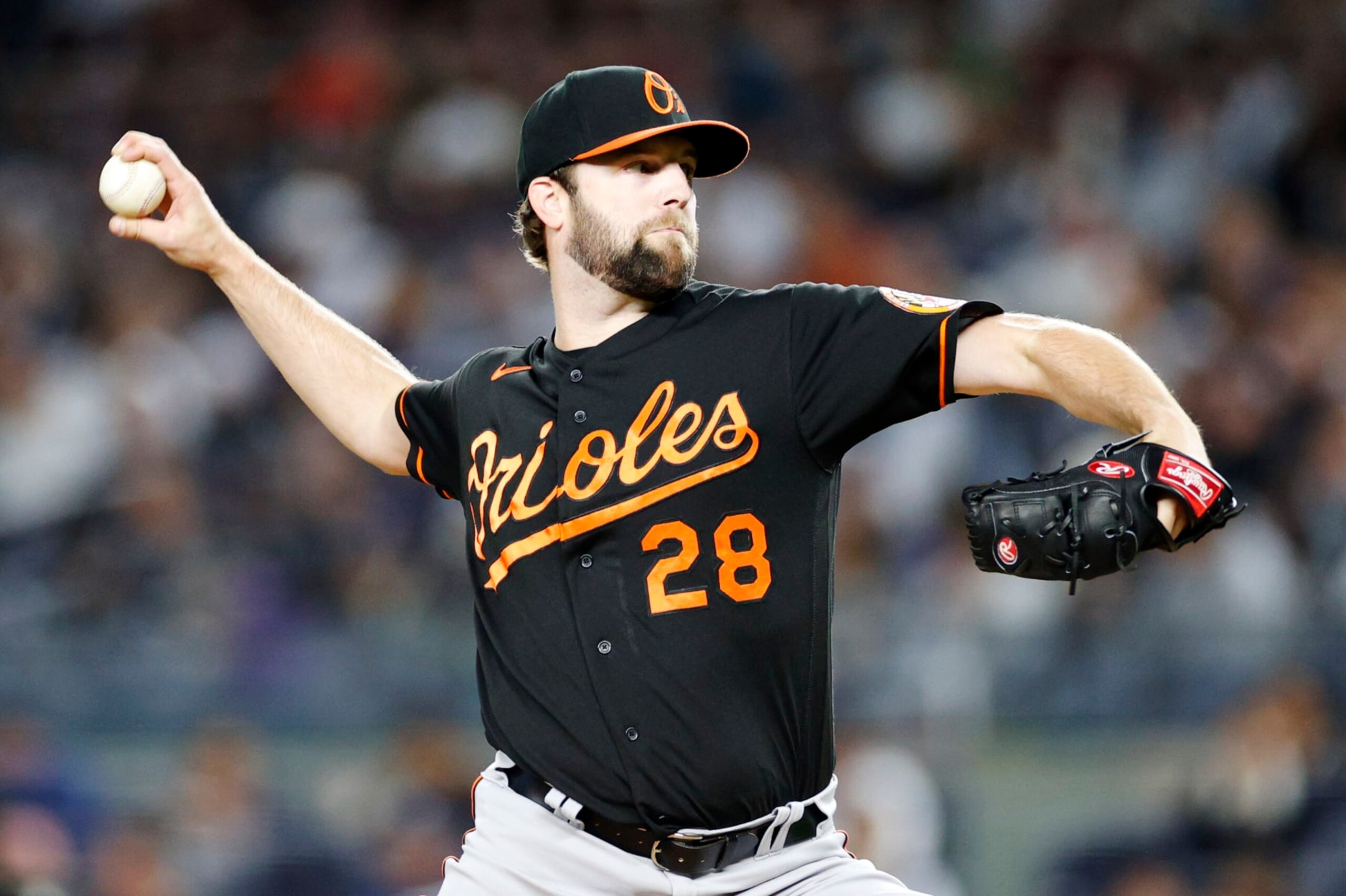 NEW YORK, NEW YORK - SEPTEMBER 30: Jordan Lyles #28 of the Baltimore Orioles pitches during the first inning against the New York Yankees at Yankee Stadium on September 30, 2022 in the Bronx borough of New York City. (Photo by Sarah Stier/Getty Images)
