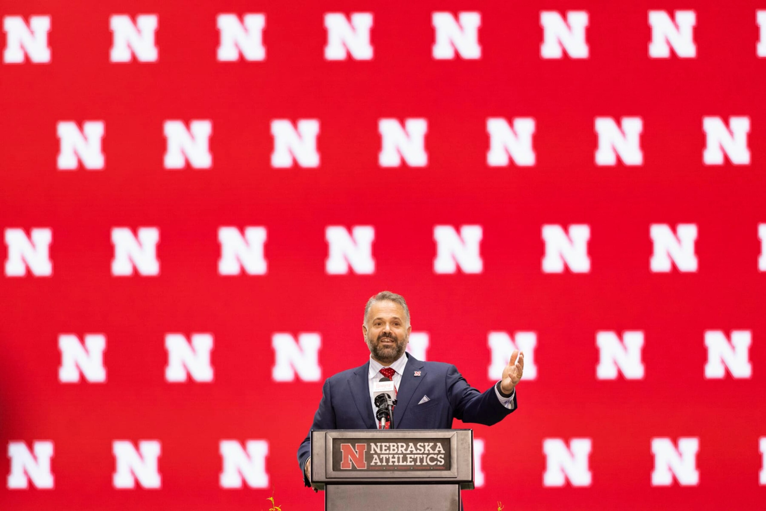 New Nebraska NCAA college football coach Matt Rhule gestures during an introductory press conference Monday, Nov. 28, 2022, in Lincoln, Neb. (AP Photo/Rebecca S. Gratz)
