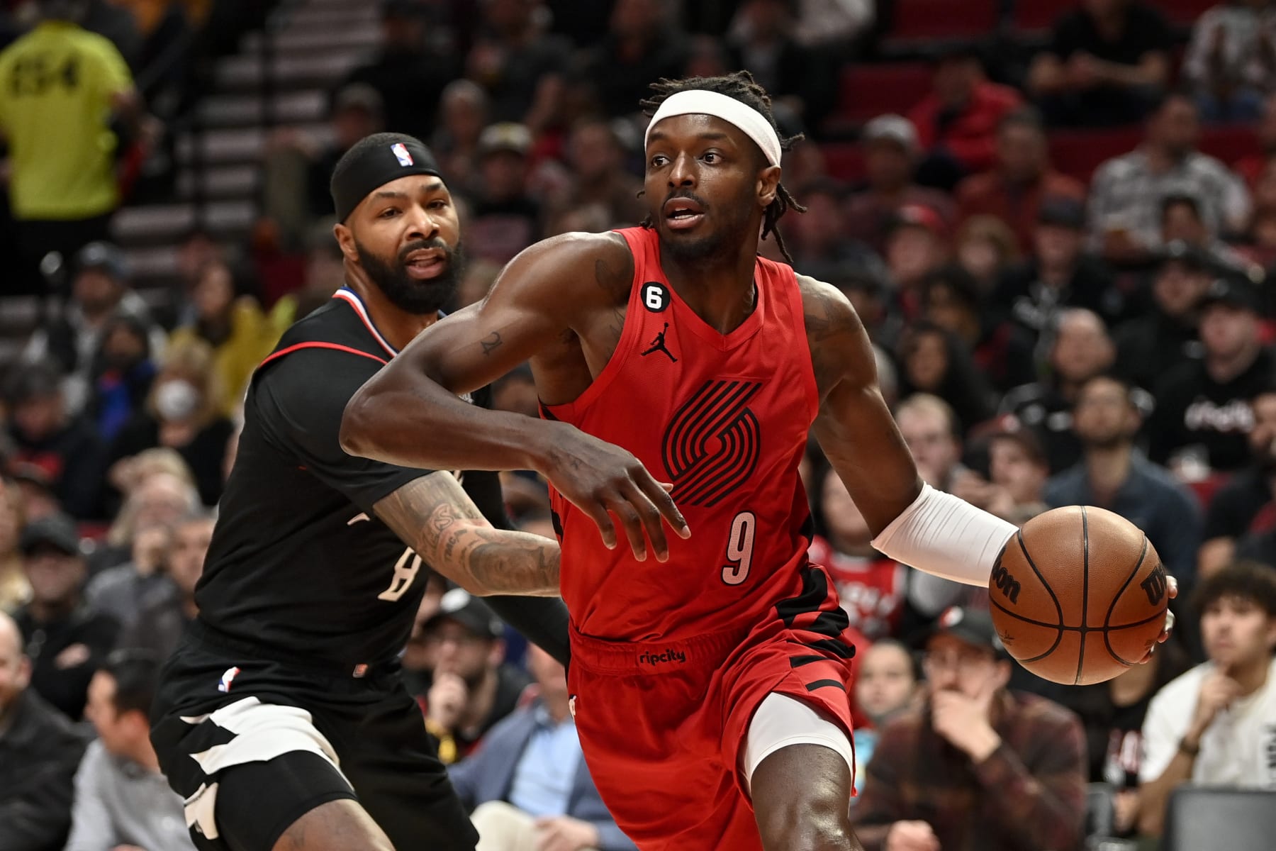 PORTLAND, OREGON - NOVEMBER 29: Jerami Grant #9 of the Portland Trail Blazers  drives in the third quarter against the Los Angeles Clippers at the Moda Center on November 29, 2022 in Portland, Oregon. The Clippers won 118-112.  NOTE TO USER: User expressly acknowledges and agrees that, by downloading and or using this photograph, User is consenting to the terms and conditions of the Getty Images License Agreement. (Photo by Alika Jenner/Getty Images)