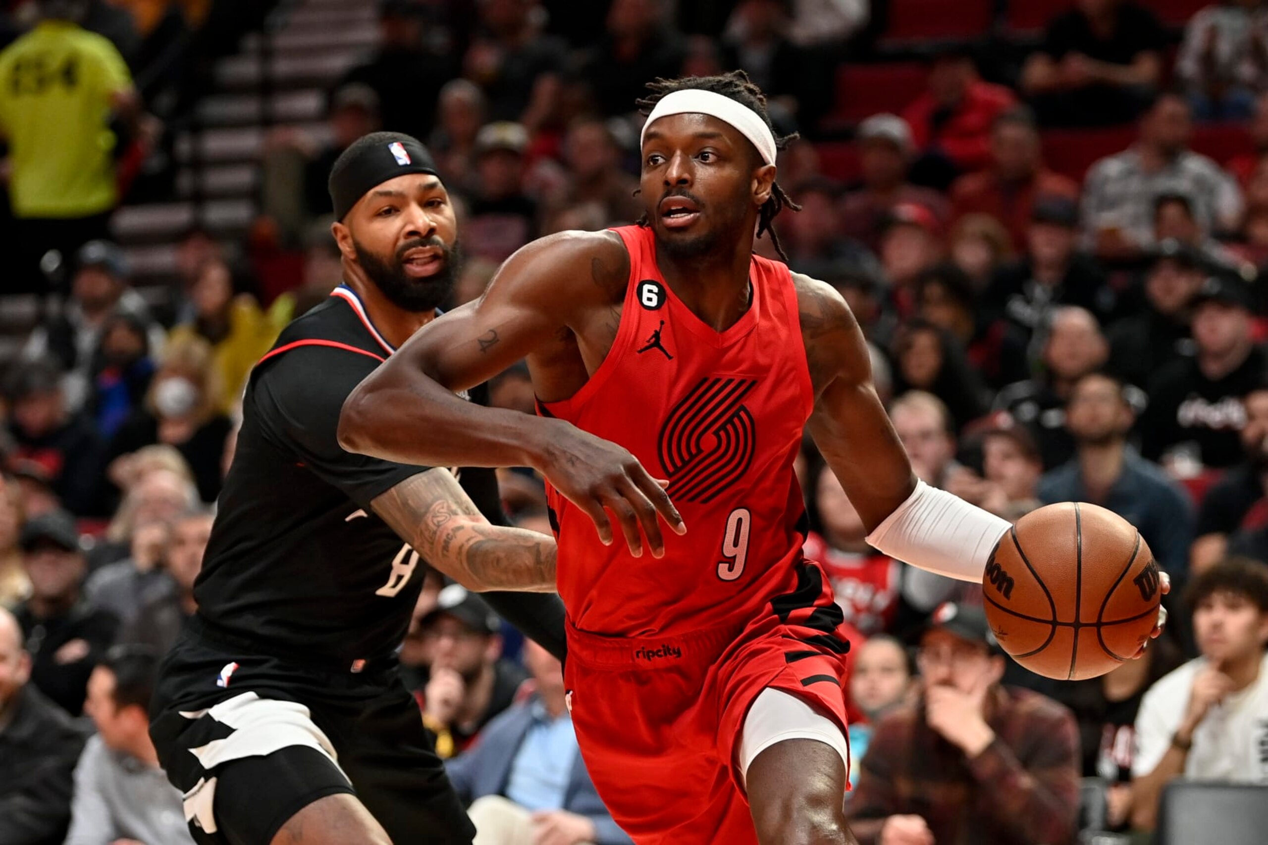 PORTLAND, OREGON - NOVEMBER 29: Jerami Grant #9 of the Portland Trail Blazers drives in the third quarter against the Los Angeles Clippers at the Moda Center on November 29, 2022 in Portland, Oregon. The Clippers won 118-112. NOTE TO USER: User expressly acknowledges and agrees that, by downloading and or using this photograph, User is consenting to the terms and conditions of the Getty Images License Agreement. (Photo by Alika Jenner/Getty Images) PORTLAND, OREGON - NOVEMBER 29: Jerami Grant #9 of the Portland Trail Blazers drives in the third quarter against the Los Angeles Clippers at the Moda Center on November 29, 2022 in Portland, Oregon. The Clippers won 118-112. NOTE TO USER: User expressly acknowledges and agrees that, by downloading and or using this photograph, User is consenting to the terms and conditions of the Getty Images License Agreement. (Photo by Alika Jenner/Getty Images)