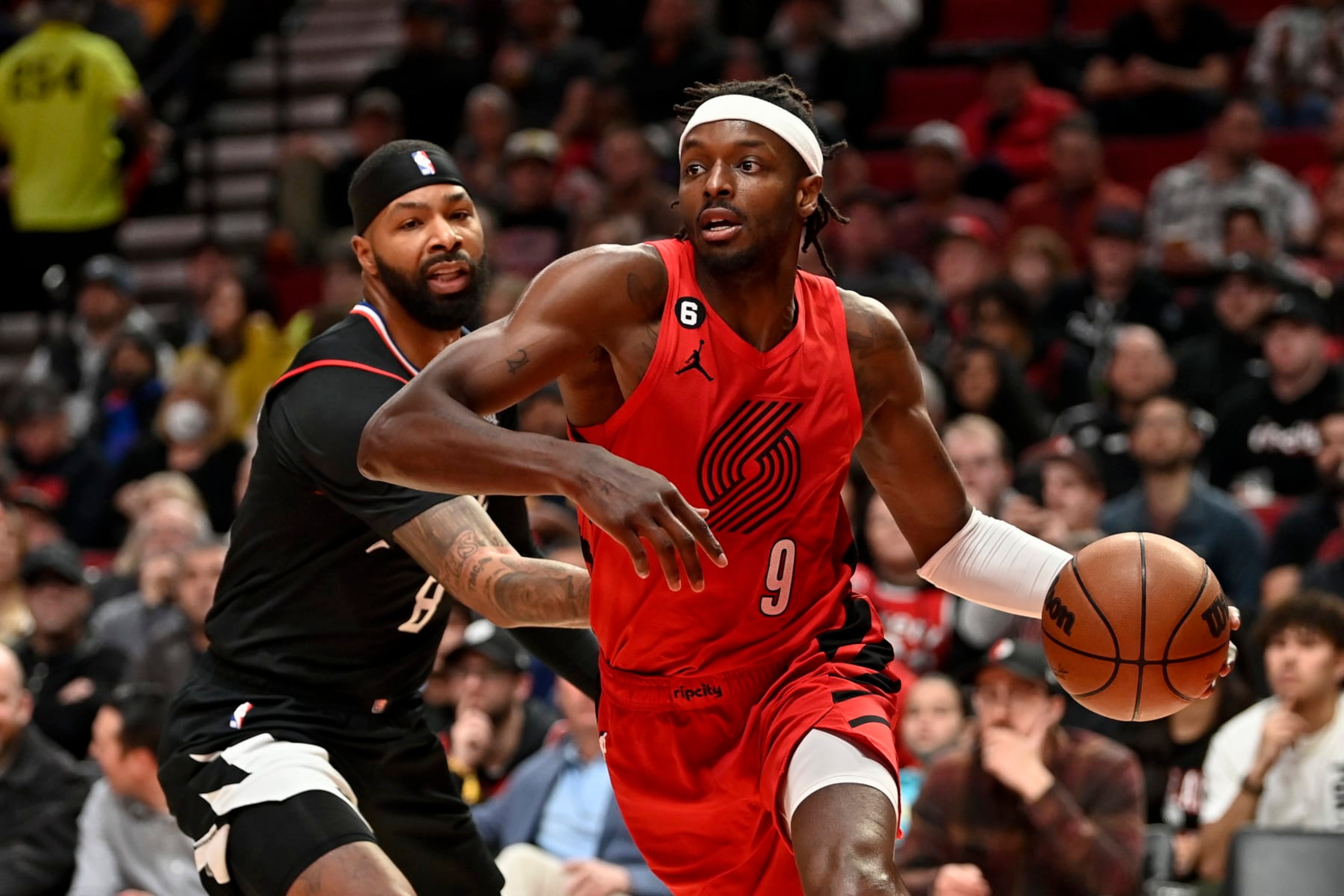 PORTLAND, OREGON - NOVEMBER 29: Jerami Grant #9 of the Portland Trail Blazers  drives in the third quarter against the Los Angeles Clippers at the Moda Center on November 29, 2022 in Portland, Oregon. The Clippers won 118-112.  NOTE TO USER: User expressly acknowledges and agrees that, by downloading and or using this photograph, User is consenting to the terms and conditions of the Getty Images License Agreement. (Photo by Alika Jenner/Getty Images)