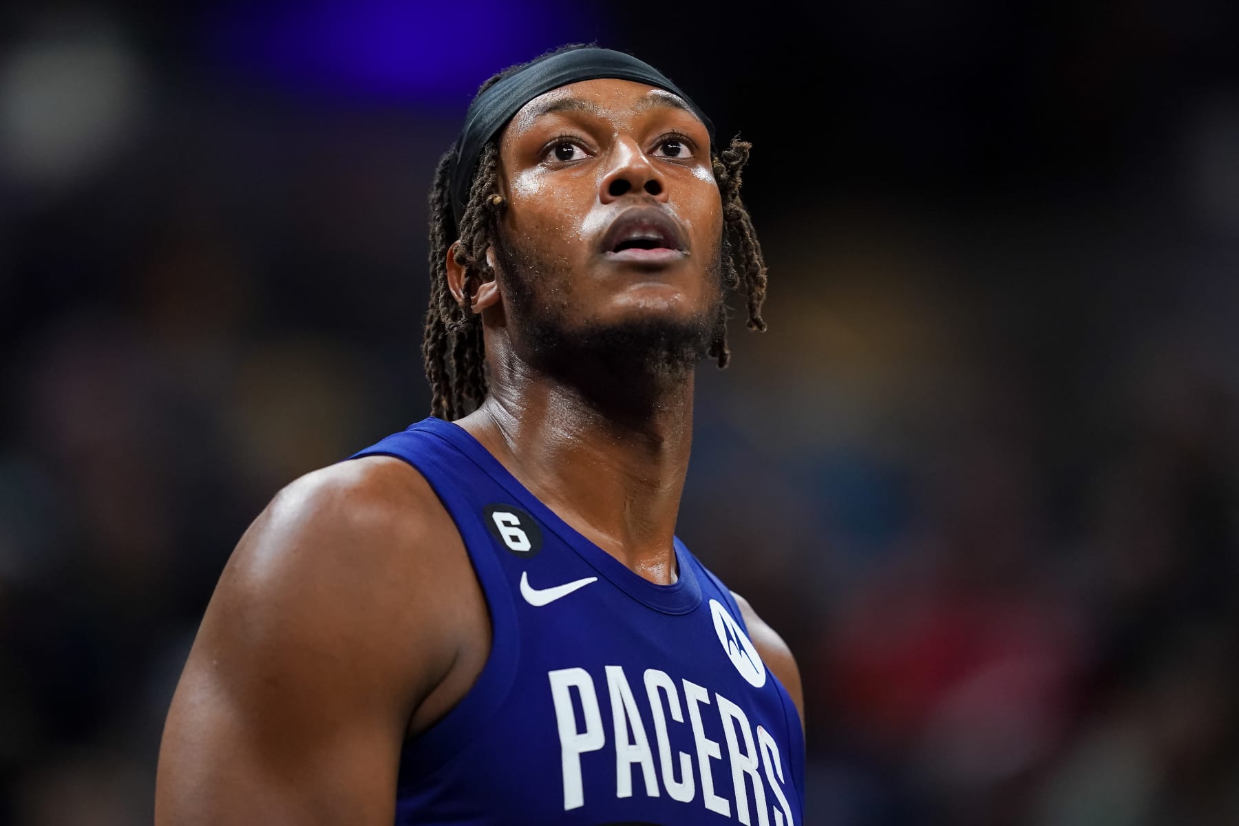 INDIANAPOLIS, INDIANA - NOVEMBER 23: Myles Turner #33 of the Indiana Pacers looks on in the second quarter against the Minnesota Timberwolves at Gainbridge Fieldhouse on November 23, 2022 in Indianapolis, Indiana. NOTE TO USER: User expressly acknowledges and agrees that, by downloading and or using this photograph, User is consenting to the terms and conditions of the Getty Images License Agreement. (Photo by Dylan Buell/Getty Images)