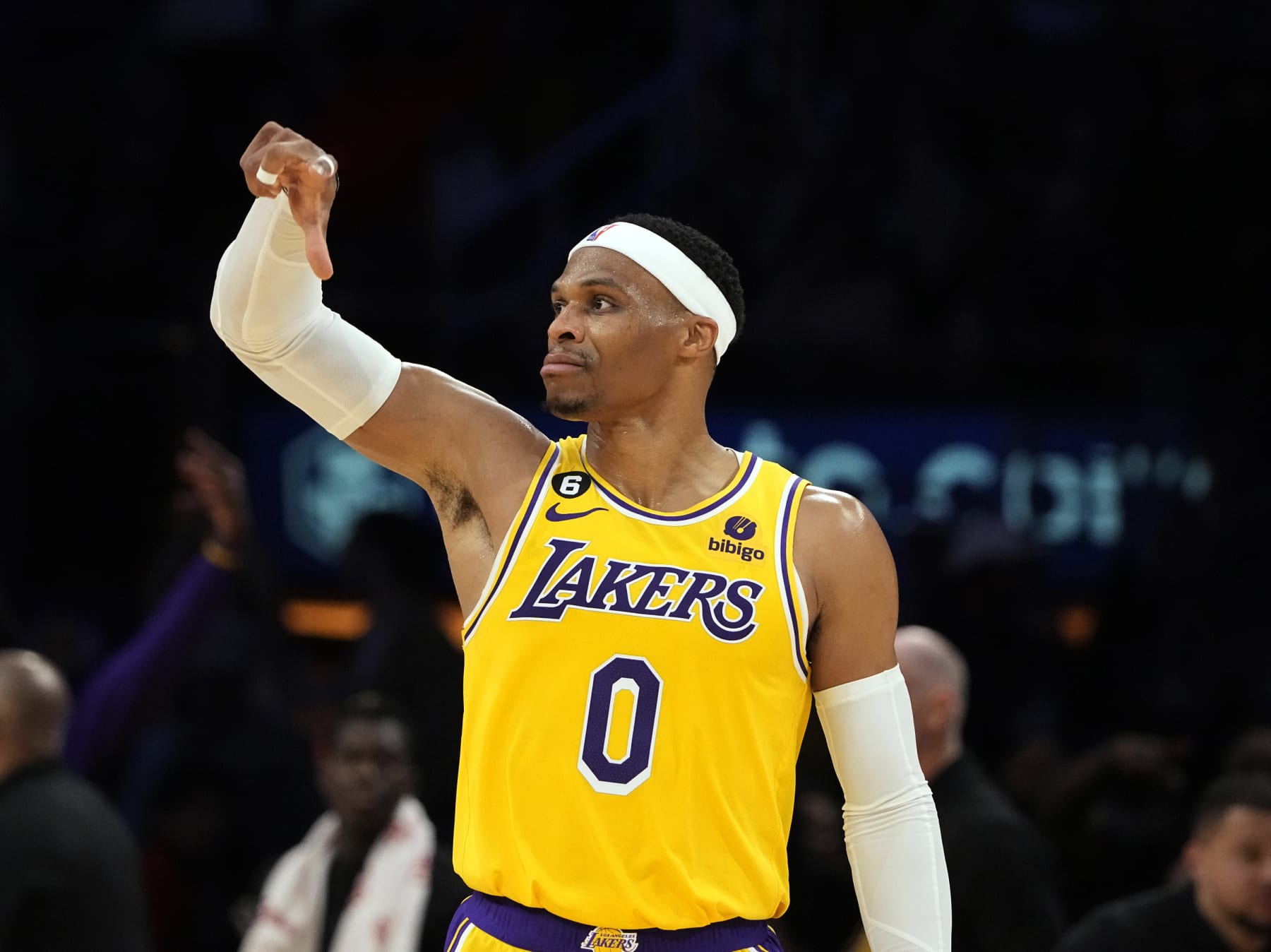 LOS ANGELES, CA - NOVEMBER 30: Russell Westbrook #0 of the Los Angeles Lakers celebrates after scoring a three-point basket during the second half against Portland Trail Blazers at Crypto.com Arena on November 30, 2022 in Los Angeles, California. NOTE TO USER: User expressly acknowledges and agrees that, by downloading and or using this photograph, User is consenting to the terms and conditions of the Getty Images License Agreement. (Photo by Kevork Djansezian/Getty Images)