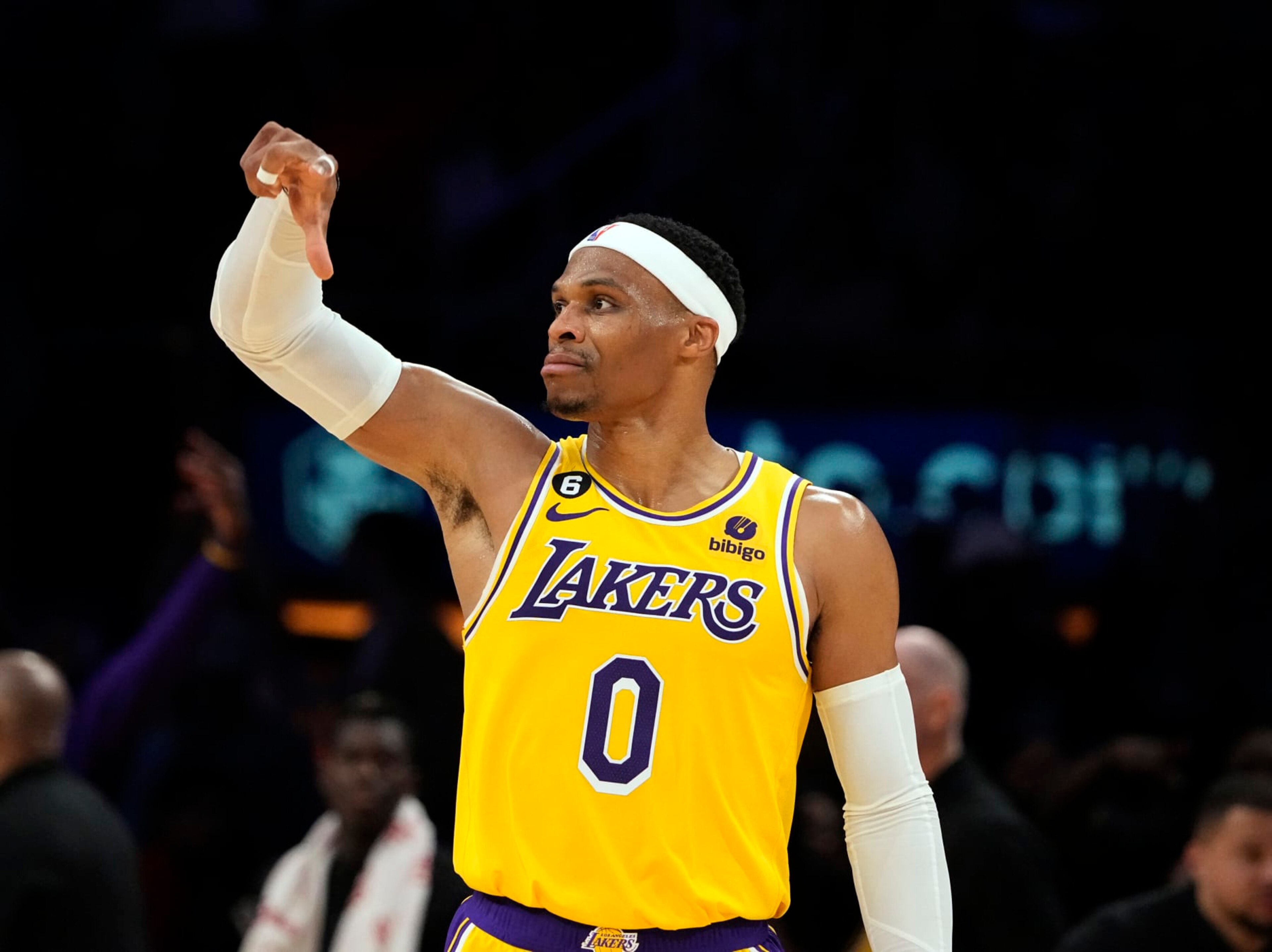 LOS ANGELES, CA - NOVEMBER 30: Russell Westbrook #0 of the Los Angeles Lakers celebrates after scoring a three-point basket during the second half against Portland Trail Blazers at Crypto.com Arena on November 30, 2022 in Los Angeles, California. NOTE TO USER: User expressly acknowledges and agrees that, by downloading and or using this photograph, User is consenting to the terms and conditions of the Getty Images License Agreement. (Photo by Kevork Djansezian/Getty Images)
