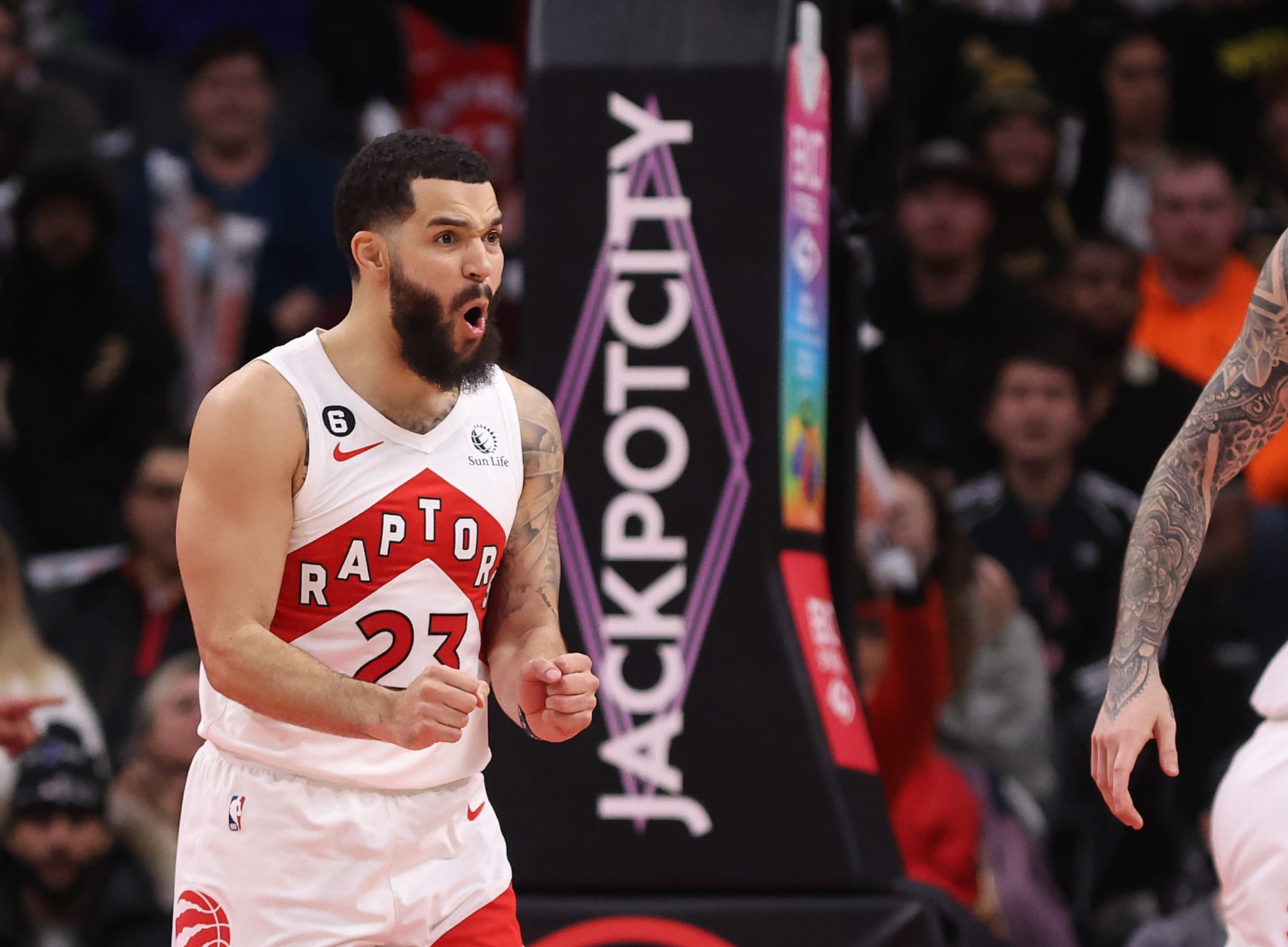 TORONTO, ON - NOVEMBER 28 - Toronto Raptors guard Fred VanVleet (23) looks for the and one as the Toronto Raptors beat the Cleveland Cavaliers 100-88 at Scotiabank Arena in Toronto, November 28, 2022.        (Steve Russell/Toronto Star via Getty Images)