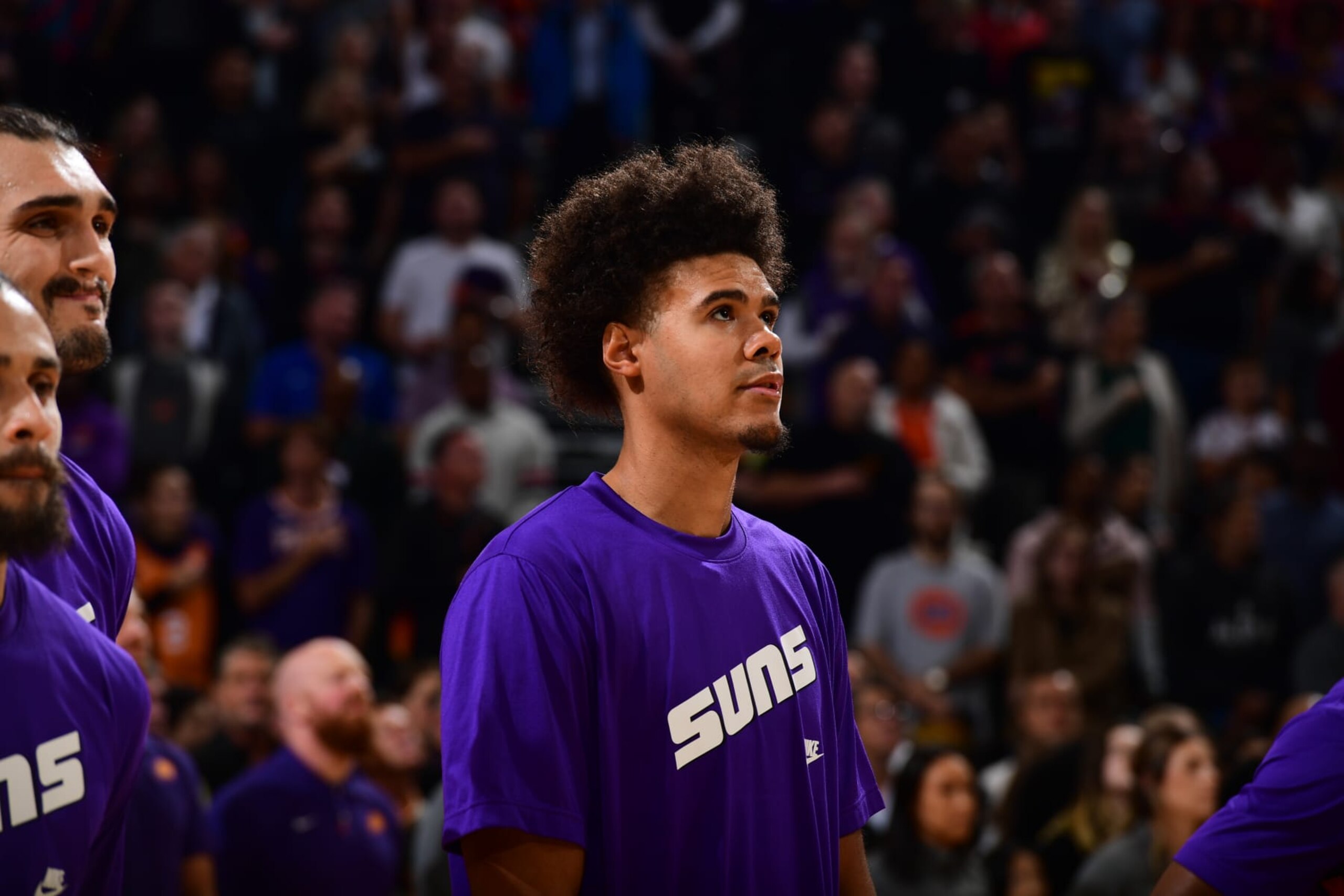 PHOENIX, AZ - OCTOBER 28: Cameron Johnson #23 of the Phoenix Suns stands for the National Anthem before the game against the New Orleans Pelicans on October 28, 2022 at Footprint Center in Phoenix, Arizona. NOTE TO USER: User expressly acknowledges and agrees that, by downloading and or using this photograph, user is consenting to the terms and conditions of the Getty Images License Agreement. Mandatory Copyright Notice: Copyright 2022 NBAE (Photo by Kate Frese/NBAE via Getty Images) PHOENIX, AZ - OCTOBER 28: Cameron Johnson #23 of the Phoenix Suns stands for the National Anthem before the game against the New Orleans Pelicans on October 28, 2022 at Footprint Center in Phoenix, Arizona. NOTE TO USER: User expressly acknowledges and agrees that, by downloading and or using this photograph, user is consenting to the terms and conditions of the Getty Images License Agreement. Mandatory Copyright Notice: Copyright 2022 NBAE (Photo by Kate Frese/NBAE via Getty Images)