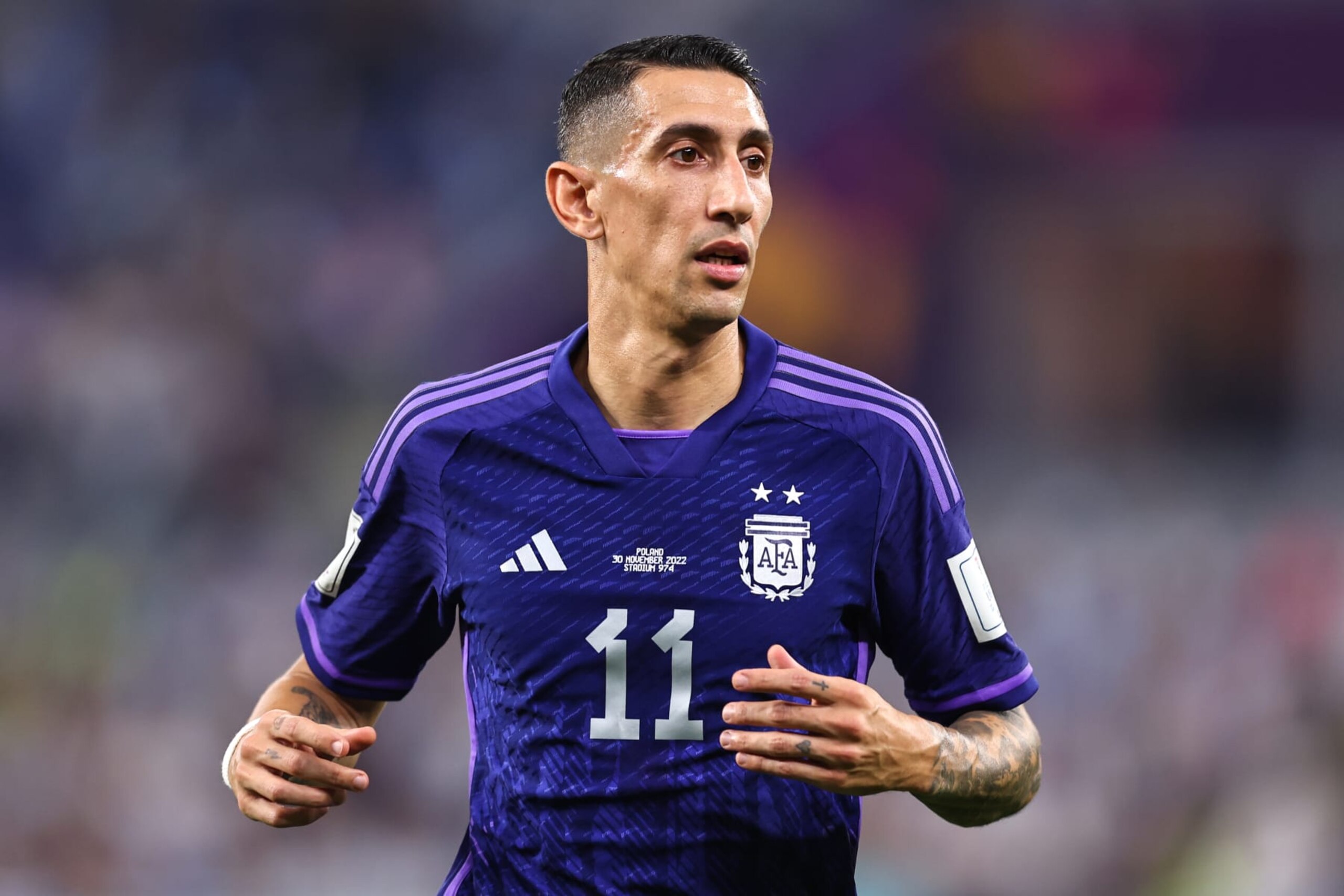 DOHA, QATAR - NOVEMBER 30: Angel Di Maria of Argentina during the FIFA World Cup Qatar 2022 Group C match between Poland and Argentina at Stadium 974 on November 30, 2022 in Doha, Qatar. (Photo by Robbie Jay Barratt - AMA/Getty Images)