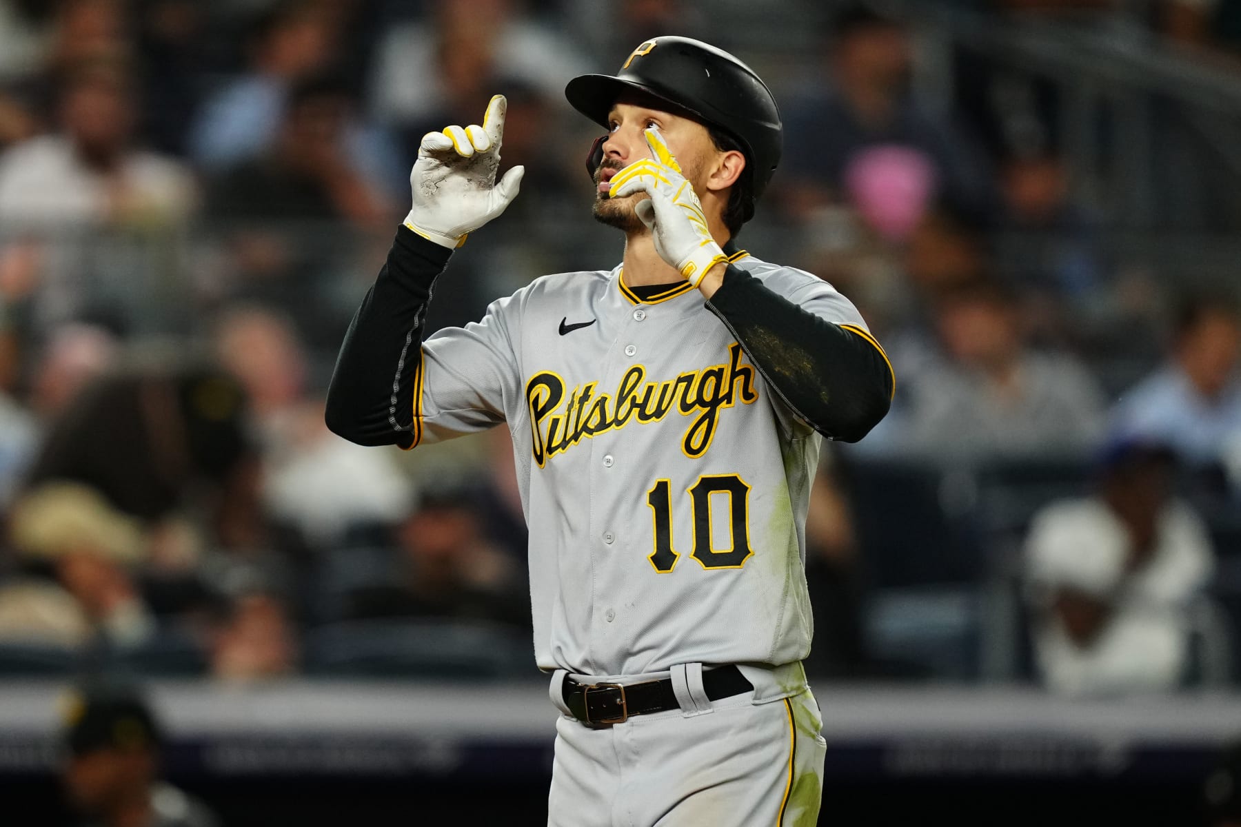 NEW YORK, NY - SEPTEMBER 20: Bryan Reynolds #10 of the Pittsburgh Pirates reacts after hitting a home run in the seventh inning during the game between the Pittsburgh Pirates and the New York Yankees at Yankee Stadium on Tuesday, September 20, 2022 in New York, New York. (Photo by Daniel Shirey/MLB Photos via Getty Images)