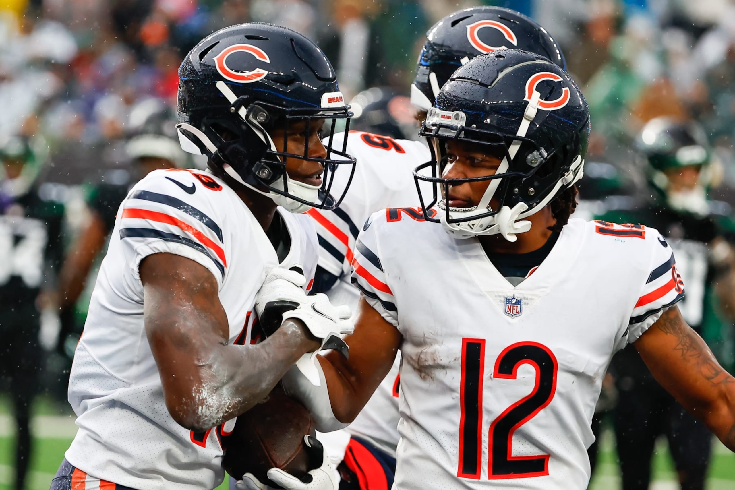 EAST RUTHERFORD, NJ - NOVEMBER 27:  Chicago Bears wide receiver Byron Pringle (13) and Chicago Bears wide receiver Velus Jones Jr. (12) during the National Football League game between the New York Jets and the Chicago Bears on November 27, 2022 at MetLife Stadium in East Rutherford, New Jersey.   (Photo by Rich Graessle/Icon Sportswire via Getty Images)