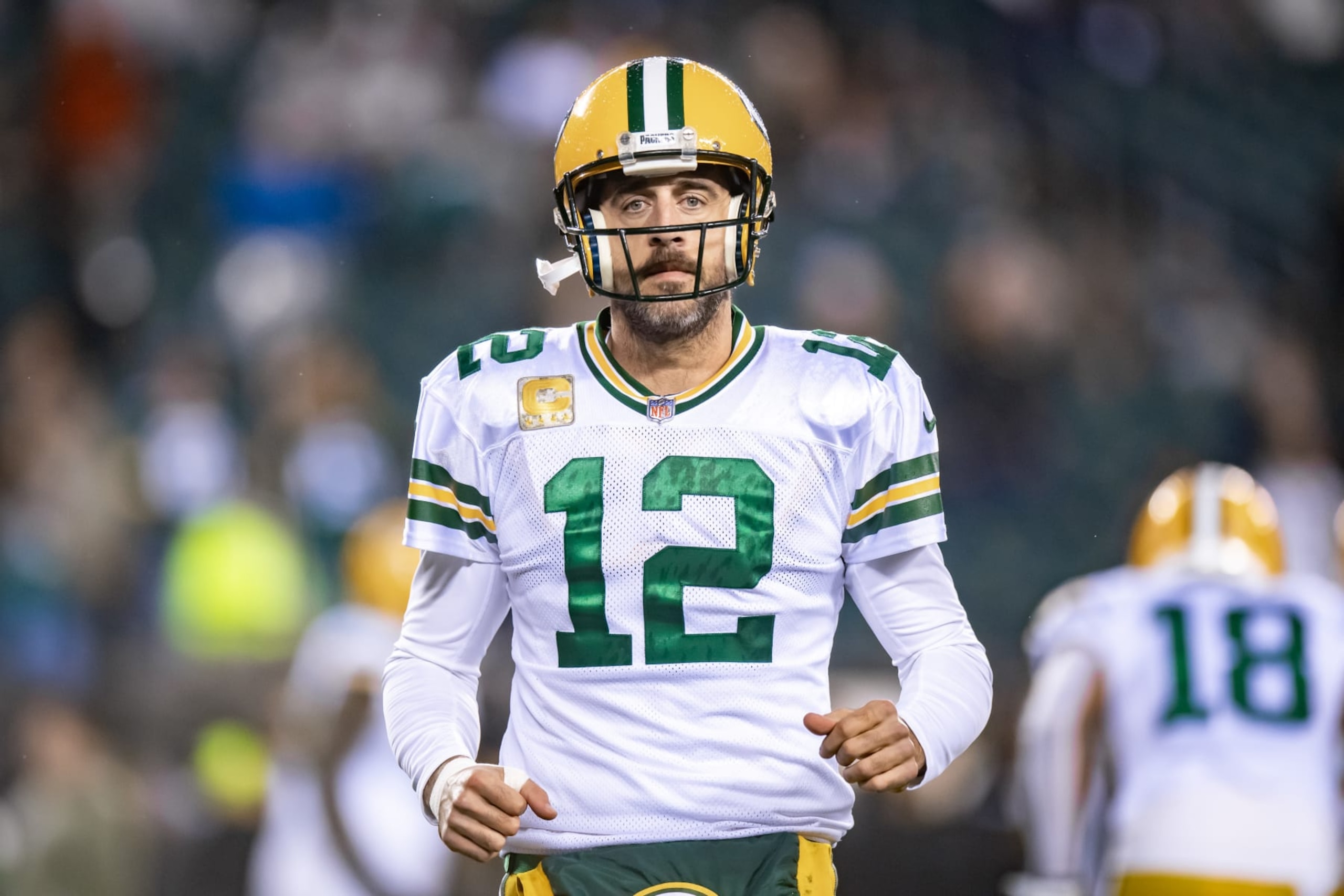 PHILADELPHIA, PA - NOVEMBER 27: Green Bay Packers quarterback Aaron Rodgers (12) warms up prior to the National Football League game between the Green Bay Packers and Philadelphia Eagles on November 27, 2022 at Lincoln Financial Field in Philadelphia, PA (Photo by John Jones/Icon Sportswire via Getty Images)