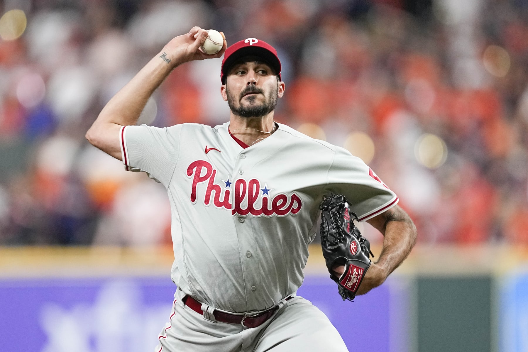 Philadelphia Phillies starting pitcher Zach Eflin throws during the seventh inning in Game 6 of baseball's World Series between the Houston Astros and the Philadelphia Phillies on Saturday, Nov. 5, 2022, in Houston. (AP Photo/Tony Gutierrez)