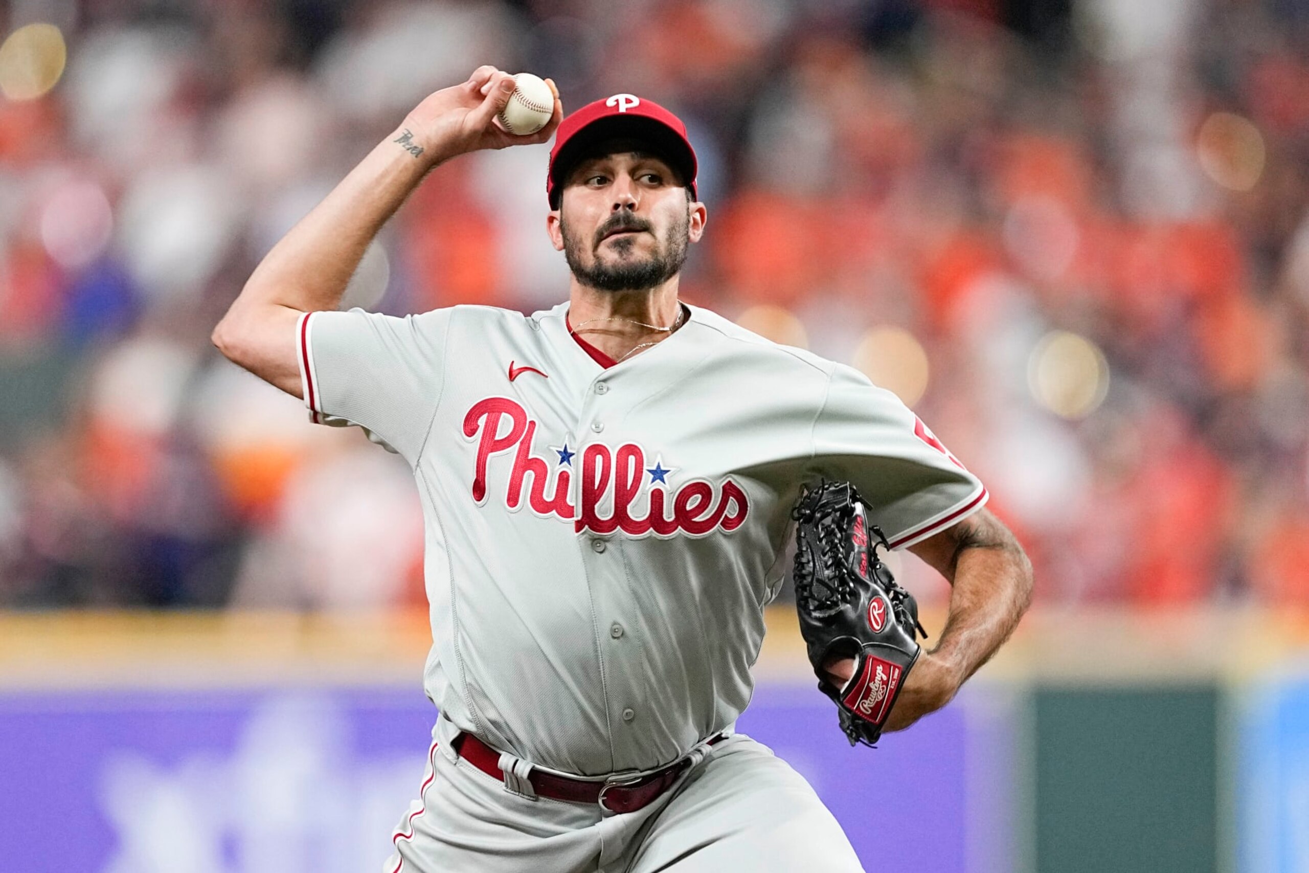Philadelphia Phillies starting pitcher Zach Eflin throws during the seventh inning in Game 6 of baseball's World Series between the Houston Astros and the Philadelphia Phillies on Saturday, Nov. 5, 2022, in Houston. (AP Photo/Tony Gutierrez)