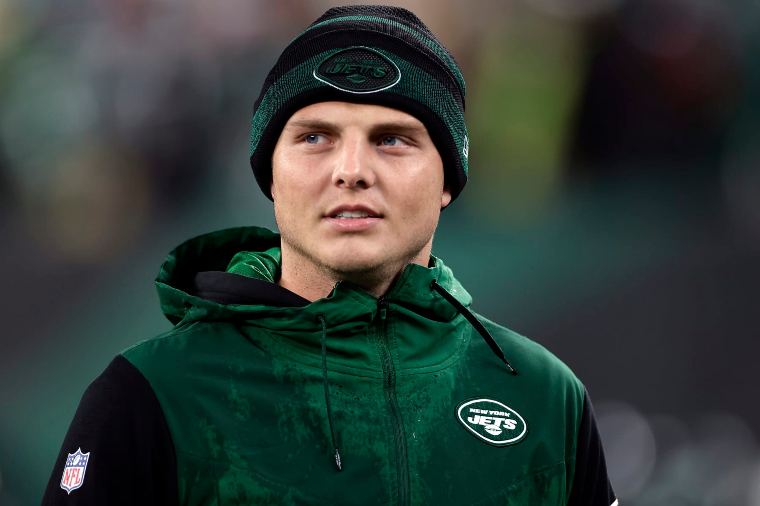 New York Jets quarterback Zach Wilson (2) reacts against the Chicago Bears during an NFL football game Sunday, Nov. 27, 2022, in East Rutherford, N.J. (AP Photo/Adam Hunger)