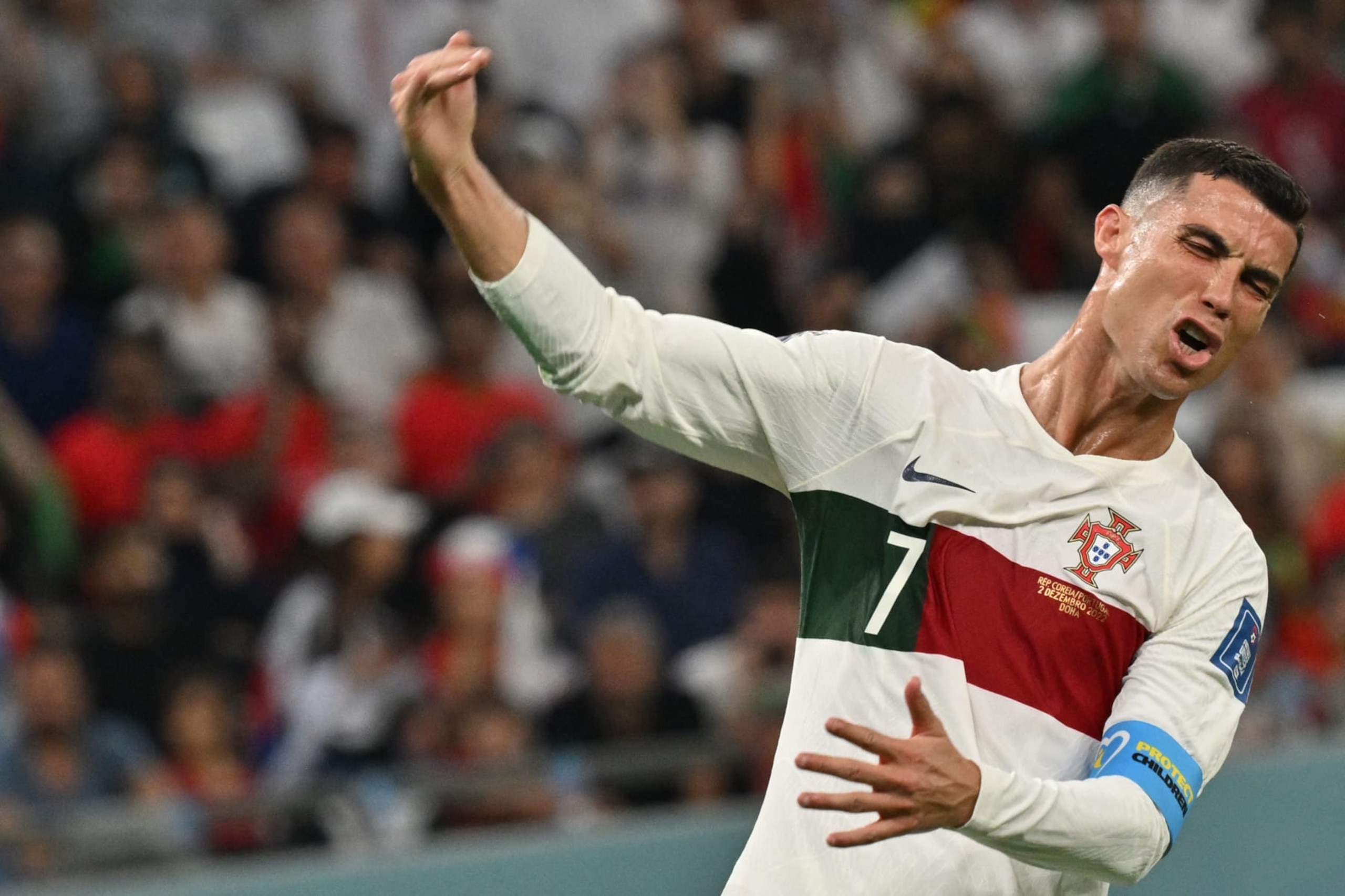 Portugal's forward #07 Cristiano Ronaldo reacts during the Qatar 2022 World Cup Group H football match between South Korea and Portugal at the Education City Stadium in Al-Rayyan, west of Doha on December 2, 2022. (Photo by JUNG Yeon-je / AFP) (Photo by JUNG YEON-JE/AFP via Getty Images)