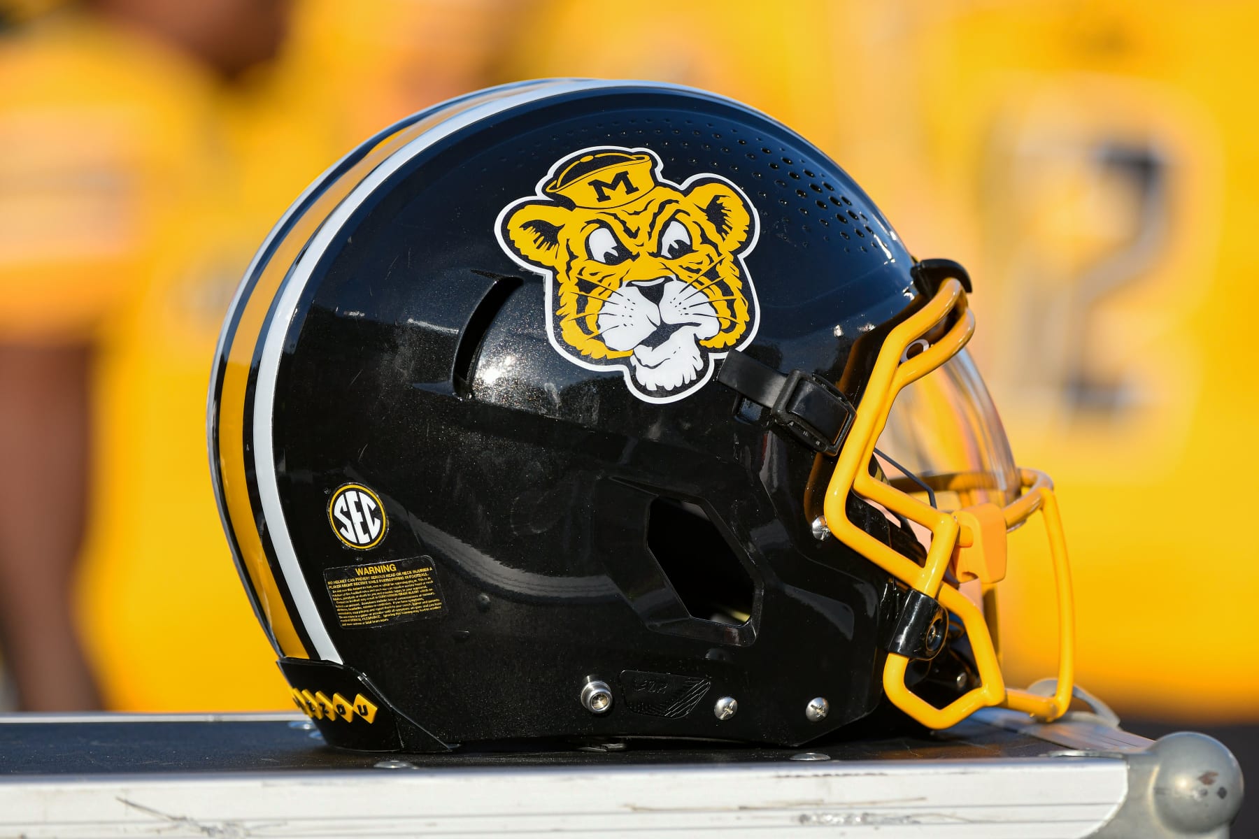 COLUMBIA, MO - OCTOBER 22: A Missouri helmet sits on the sidelines with the throwback baby tiger logo during a SEC conference game between Vanderbilt and Missouri held on Saturday OCT 22, 2022 at Faurot Field at Memorial Stadium in Columbia MO. (Photo by Rick Ulreich/Icon Sportswire via Getty Images