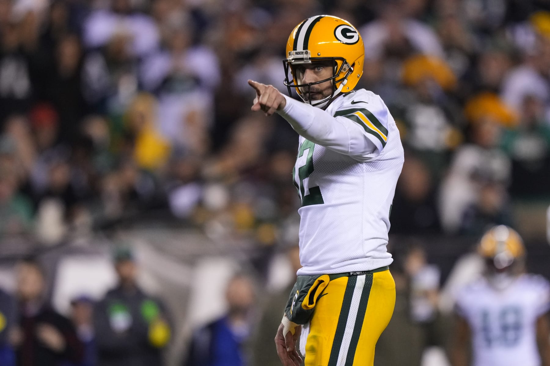 Green Bay Packers' Aaron Rodgers reacts plays during an NFL football game, Sunday, Nov. 27, 2022, in Philadelphia. (AP Photo/Matt Slocum)