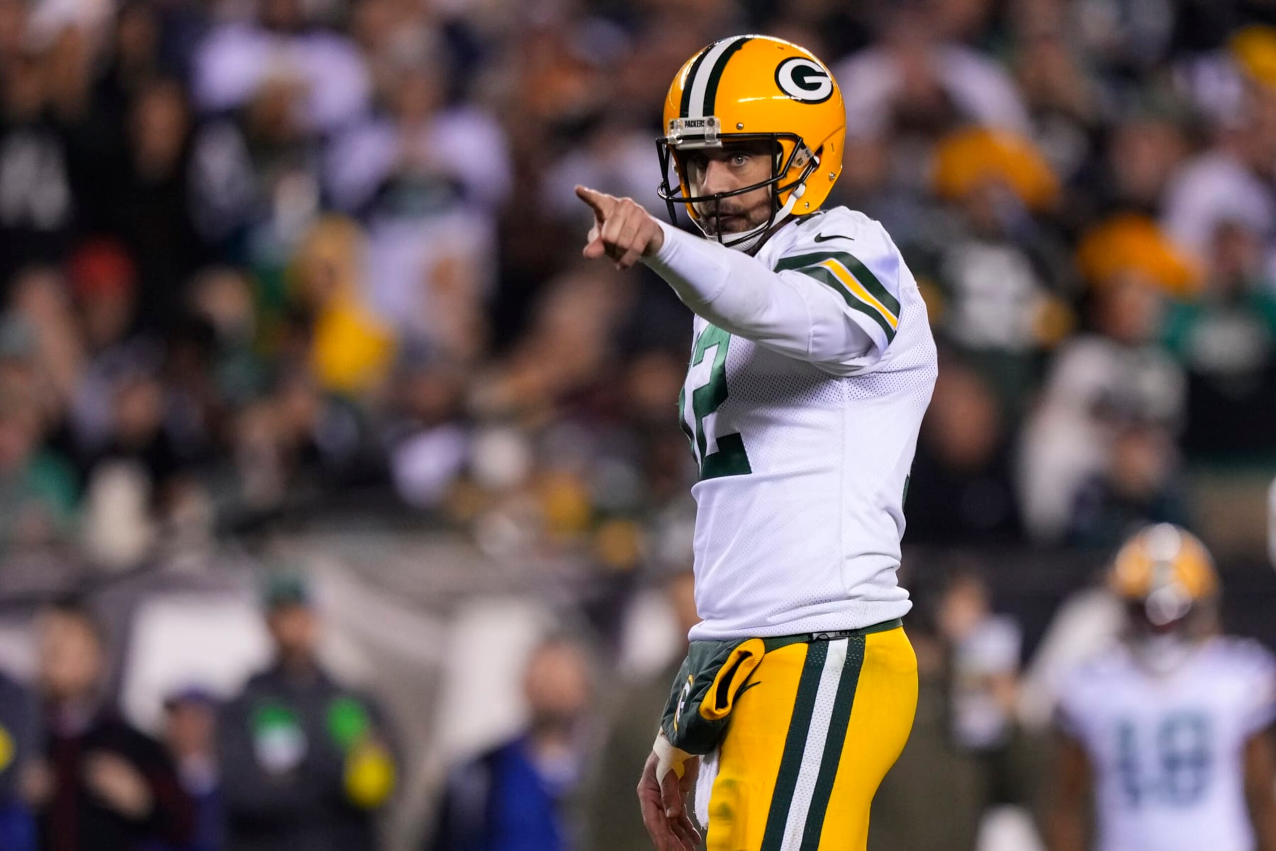 Green Bay Packers' Aaron Rodgers reacts plays during an NFL football game, Sunday, Nov. 27, 2022, in Philadelphia. (AP Photo/Matt Slocum)