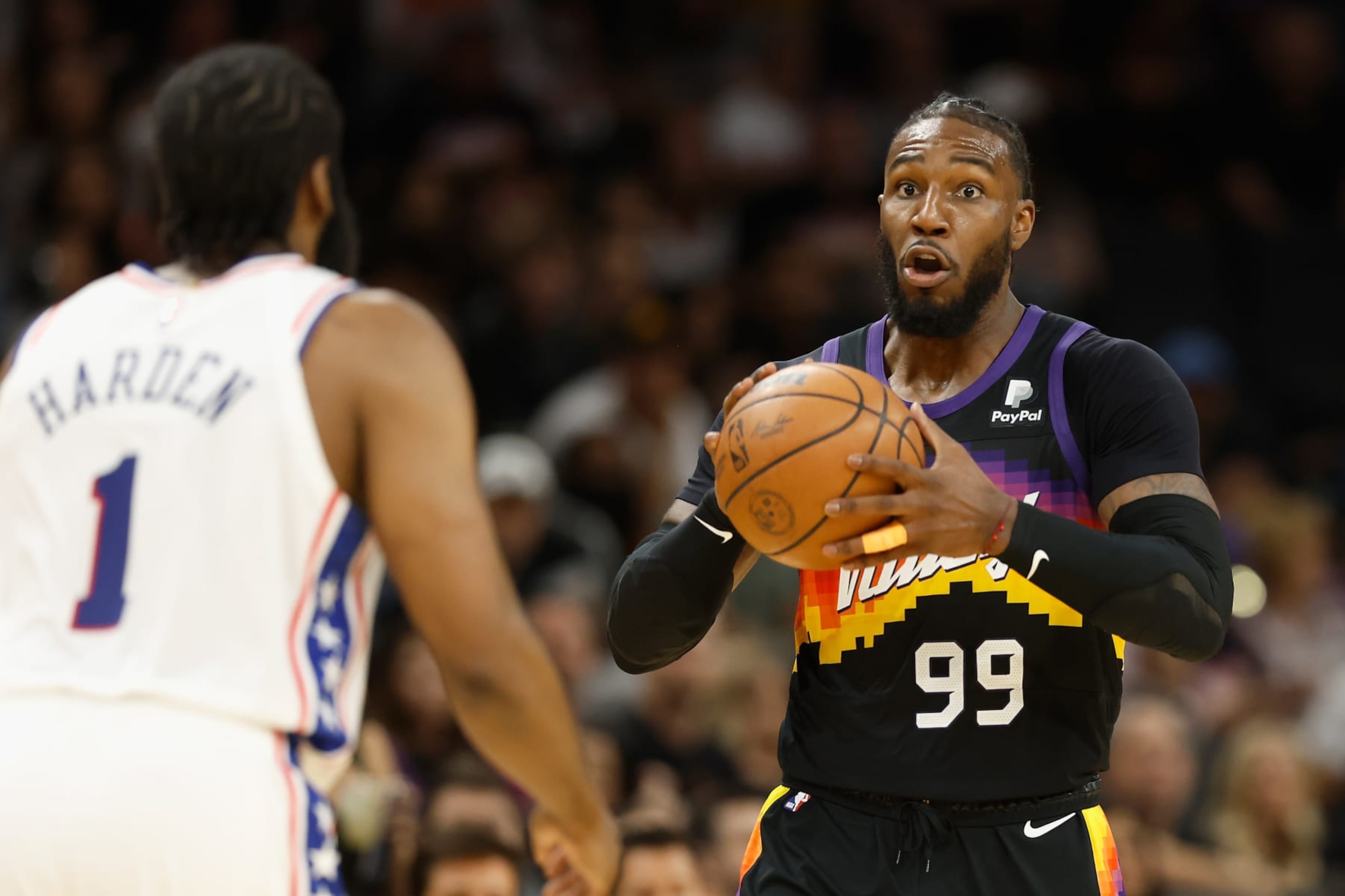 PHOENIX, ARIZONA - MARCH 27: Jae Crowder #99 of the Phoenix Suns handles the ball during the second half of the NBA game at Footprint Center on March 27, 2022 in Phoenix, Arizona. The Suns defeated the 76ers 114-104.  NOTE TO USER: User expressly acknowledges and agrees that, by downloading and or using this photograph, User is consenting to the terms and conditions of the Getty Images License Agreement. (Photo by Christian Petersen/Getty Images)
