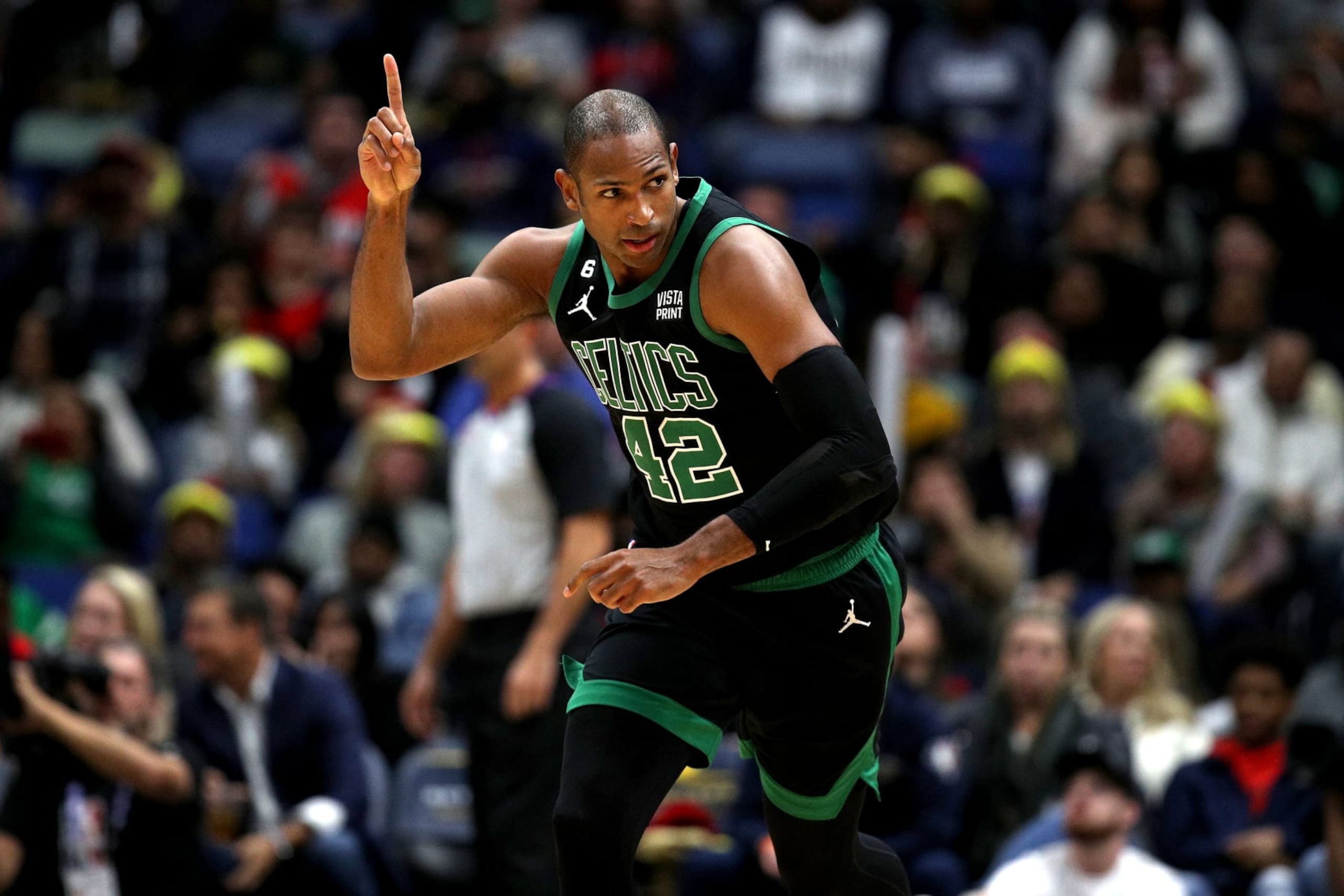 NEW ORLEANS, LOUISIANA - NOVEMBER 18: Al Horford #42 of the Boston Celtics reacts after scoring a three point basket during the first quarter of an NBA game against the New Orleans Pelicans at Smoothie King Center on November 18, 2022 in New Orleans, Louisiana. NOTE TO USER: User expressly acknowledges and agrees that, by downloading and or using this photograph, User is consenting to the terms and conditions of the Getty Images License Agreement. (Photo by Sean Gardner/Getty Images)
