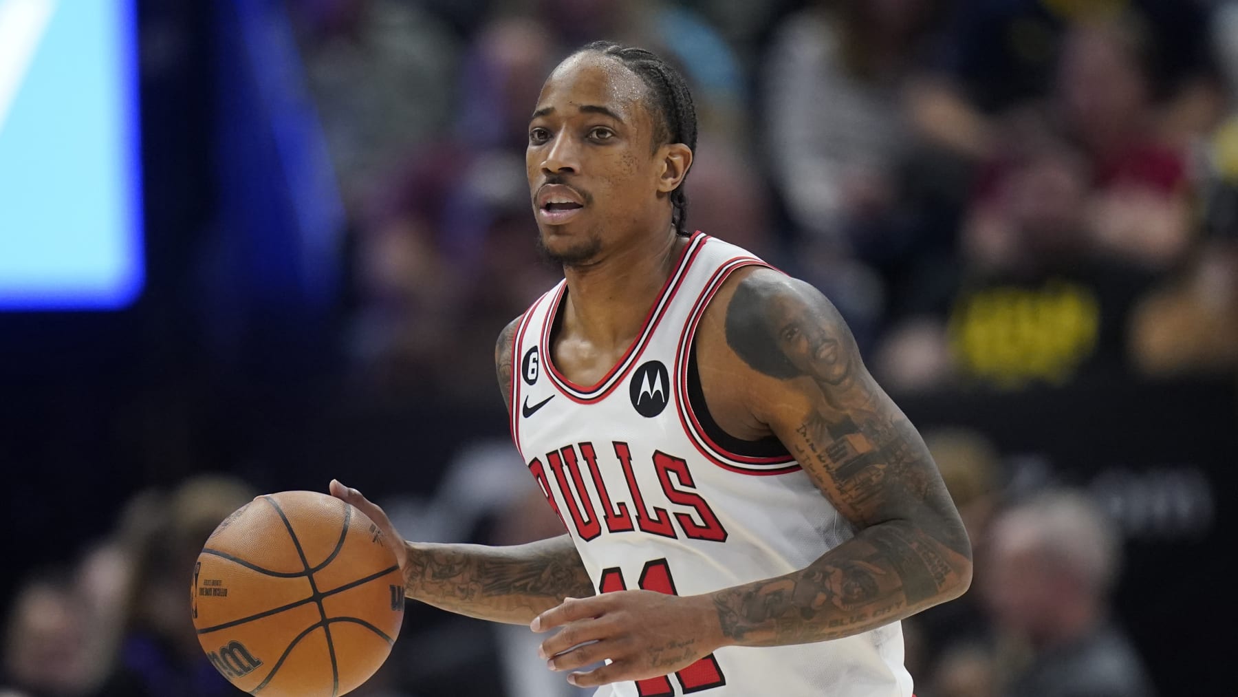 Chicago Bulls forward DeMar DeRozan (11) brings the ball up during the second half of an NBA basketball game against the Utah Jazz Monday, Nov. 28, 2022, in Salt Lake City. (AP Photo/Rick Bowmer)