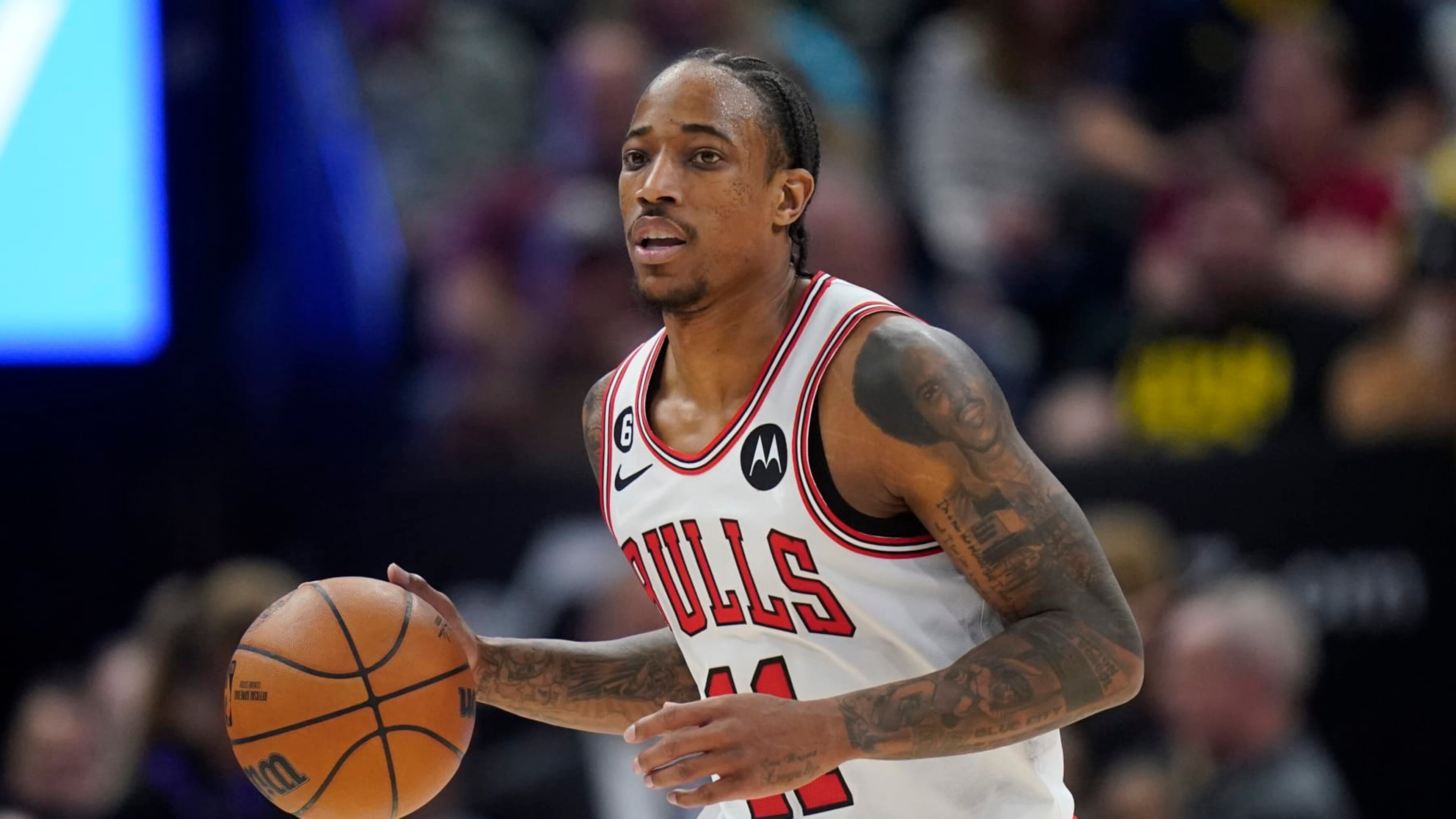 Chicago Bulls forward DeMar DeRozan (11) brings the ball up during the second half of an NBA basketball game against the Utah Jazz Monday, Nov. 28, 2022, in Salt Lake City. (AP Photo/Rick Bowmer)
