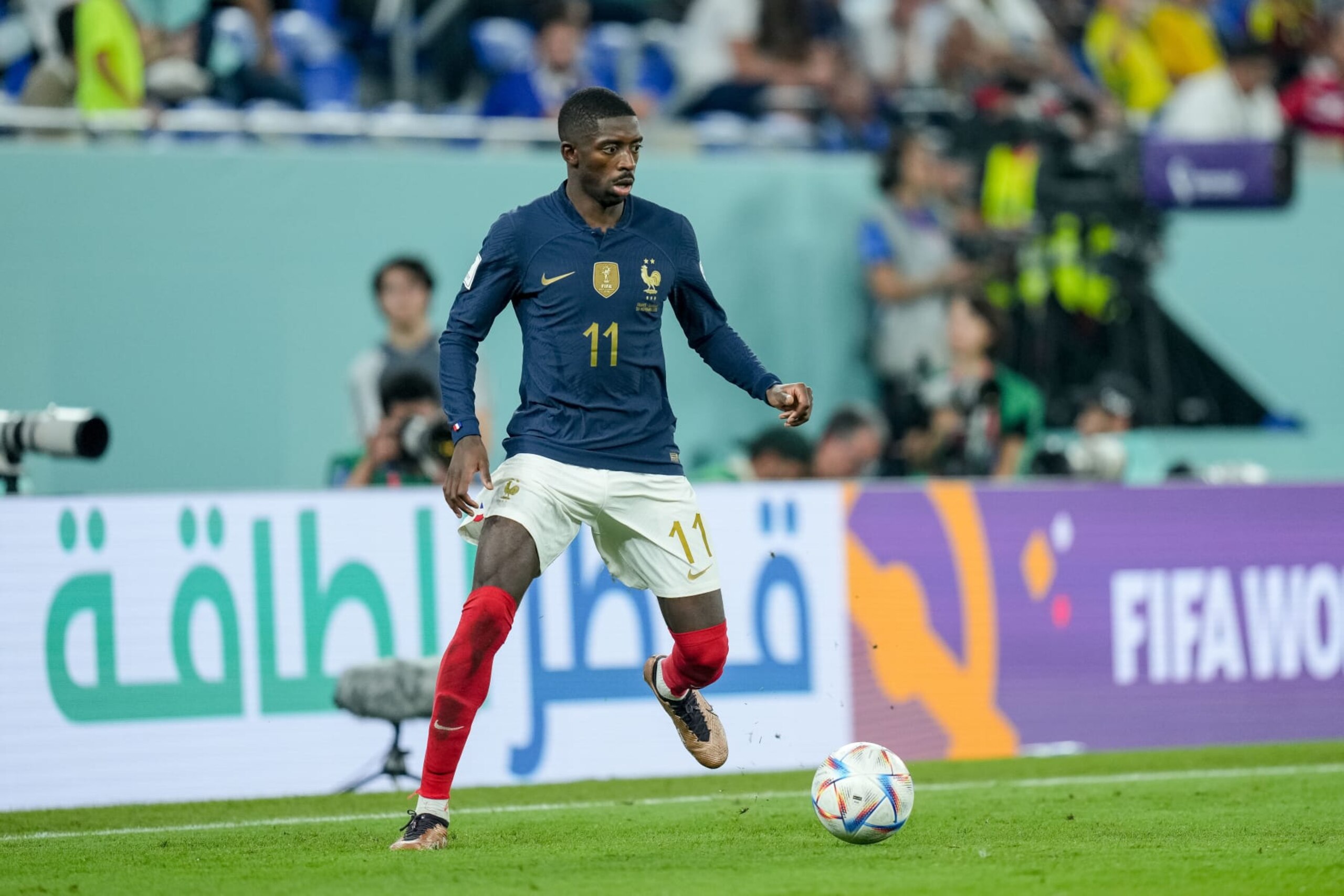 DOHA, QATAR - NOVEMBER 26: Ousmane Dembele of France controls the ball during the FIFA World Cup Qatar 2022 Group D match between France and Denmark at Stadium 974 on November 26, 2022 in Doha, Qatar. (Photo by Berengui/DeFodi Images via Getty Images)