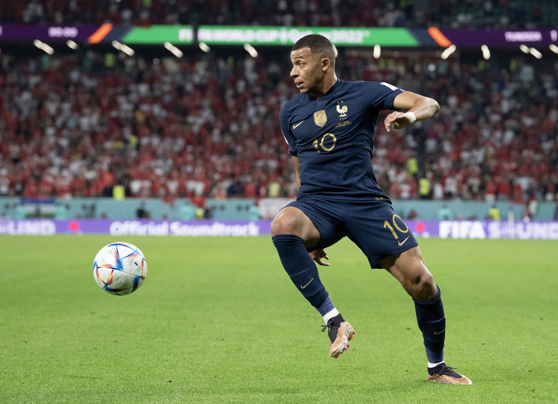 AL RAYYAN, QATAR - NOVEMBER 30: Kylian Mbappe of France during the FIFA World Cup Qatar 2022 Group D match between Tunisia and France at Education City Stadium on November 30, 2022 in Al Rayyan, Qatar. (Photo by Visionhaus/Getty Images)