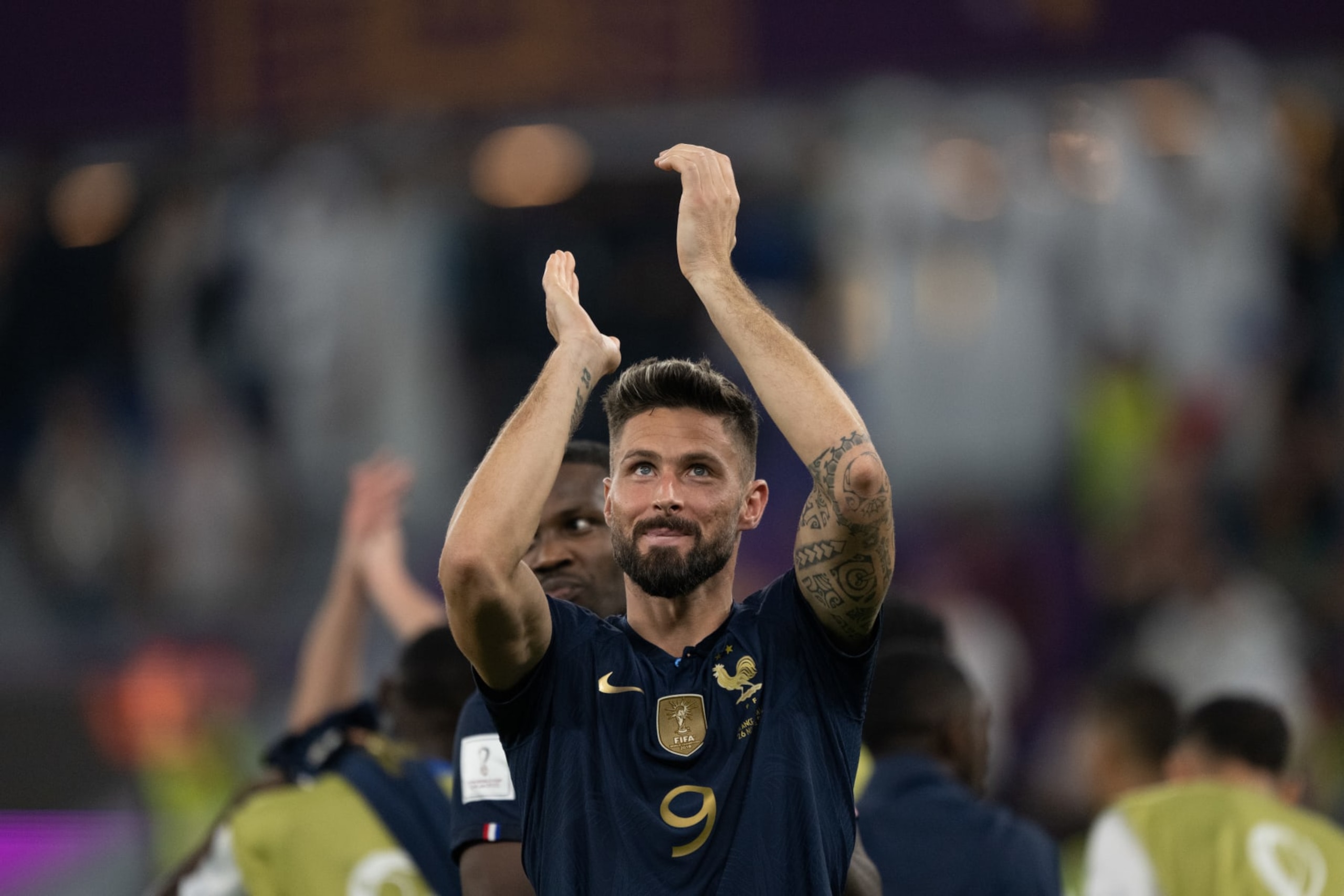 DOHA, QATAR - NOVEMBER 26: Olivier Giroud #9 of France applauds the fans after a FIFA World Cup Qatar 2022 Group D match between Denmark and France at Stadium 974 on November 26, 2022 in Doha, Qatar. (Photo by Stephen Nadler/ISI Photos/Getty Images)