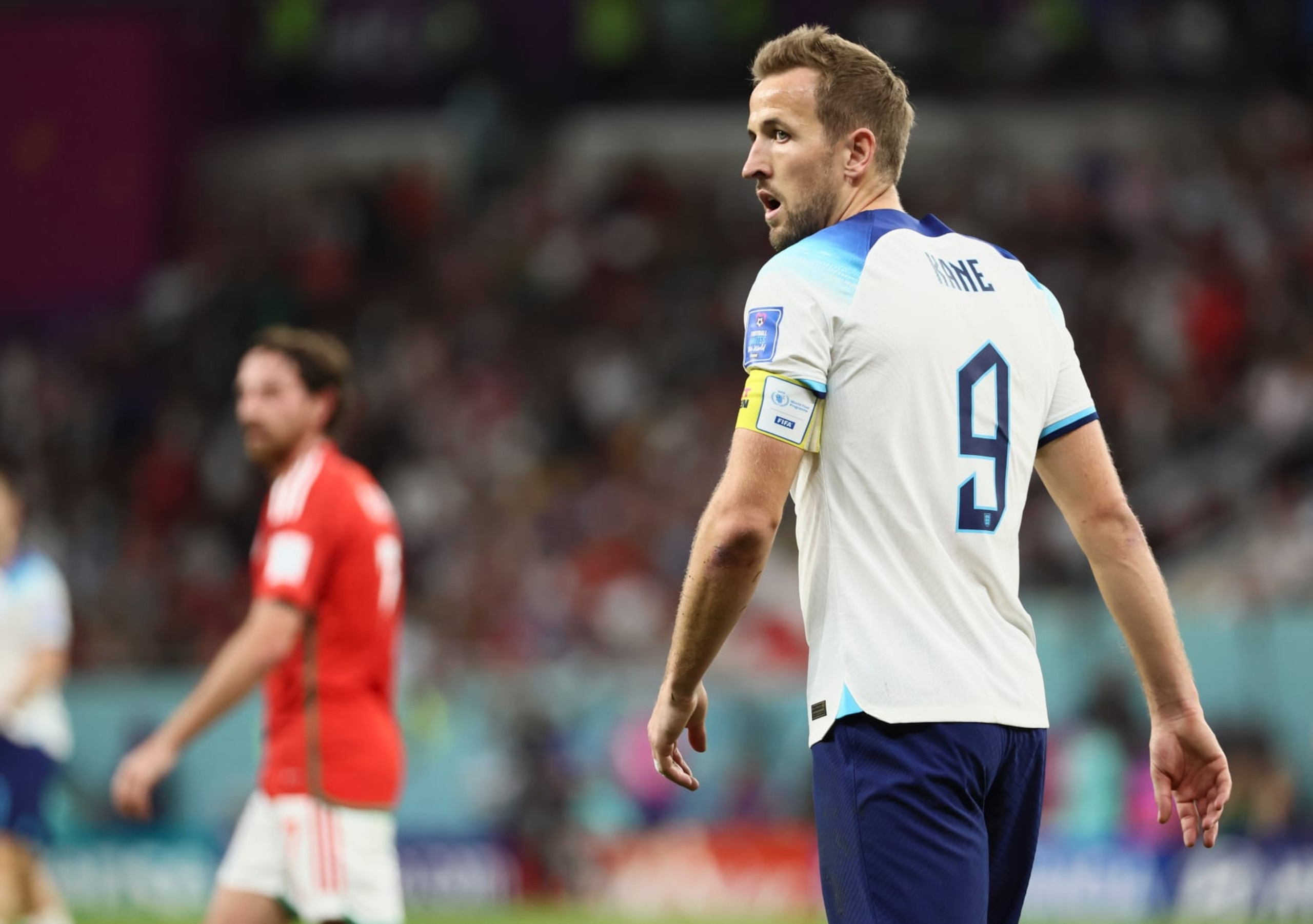 Harry Kane R of England reacts during the Group B match between Wales and England at the 2022 FIFA World Cup at Ahmad Bin Ali Stadium in Al Rayyan, Qatar, Nov. 29, 2022. (Photo by Lan Hongguang/Xinhua via Getty Images)