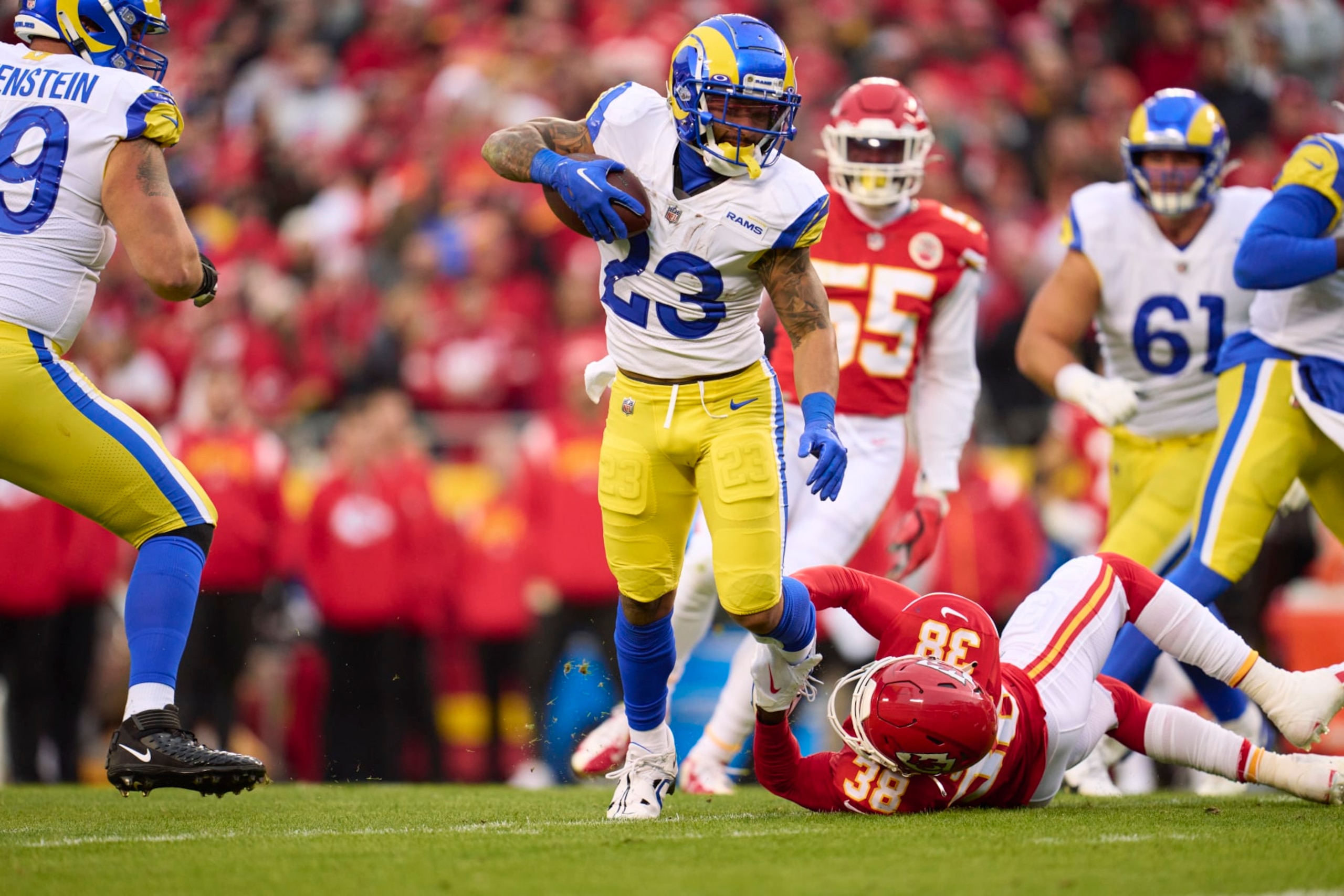 KANSAS CITY, MO - NOVEMBER 27: Kyren Williams #23 of the Los Angeles Rams carries the ball against the Kansas City Chiefs during the first half at GEHA Field at Arrowhead Stadium on November 27, 2022 in Kansas City, Missouri. (Photo by Cooper Neill/Getty Images)