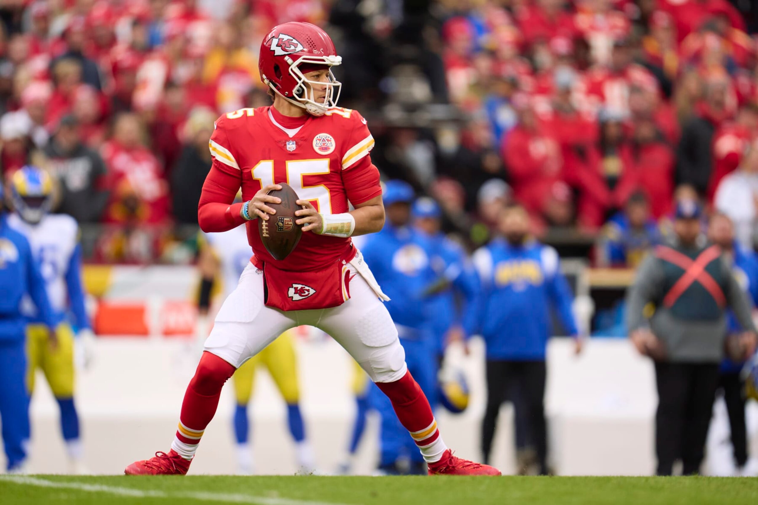 KANSAS CITY, MO - NOVEMBER 27: Patrick Mahomes #15 of the Kansas City Chiefs drops back to pass against the Los Angeles Rams during the first half at GEHA Field at Arrowhead Stadium on November 27, 2022 in Kansas City, Missouri. (Photo by Cooper Neill/Getty Images) KANSAS CITY, MO - NOVEMBER 27: Patrick Mahomes #15 of the Kansas City Chiefs drops back to pass against the Los Angeles Rams during the first half at GEHA Field at Arrowhead Stadium on November 27, 2022 in Kansas City, Missouri. (Photo by Cooper Neill/Getty Images)