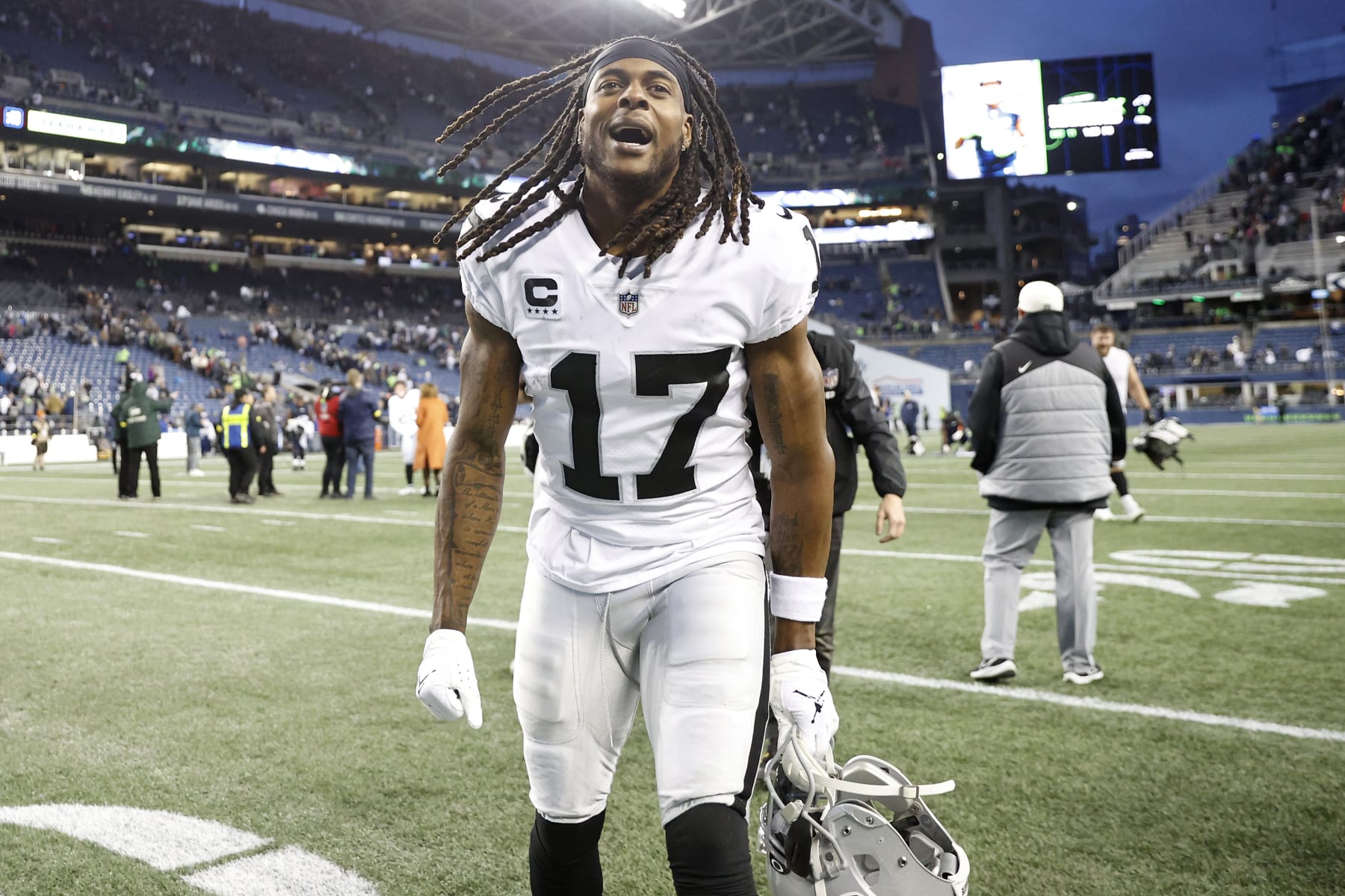 SEATTLE, WASHINGTON - NOVEMBER 27: Davante Adams #17 of the Las Vegas Raiders celebrates after beating the Seattle Seahawks 40-34 in overtime at Lumen Field on November 27, 2022 in Seattle, Washington. (Photo by Steph Chambers/Getty Images)