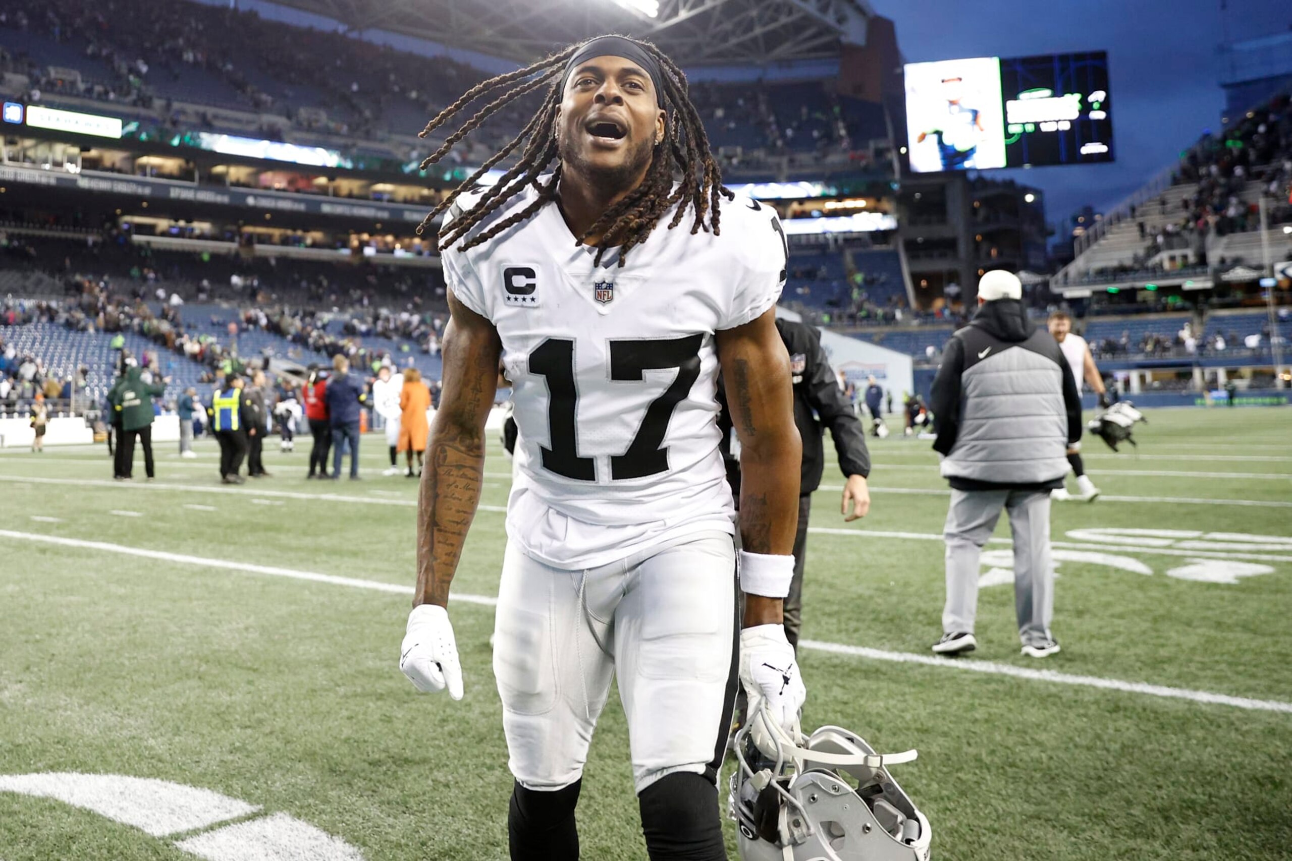 SEATTLE, WASHINGTON - NOVEMBER 27: Davante Adams #17 of the Las Vegas Raiders celebrates after beating the Seattle Seahawks 40-34 in overtime at Lumen Field on November 27, 2022 in Seattle, Washington. (Photo by Steph Chambers/Getty Images) SEATTLE, WASHINGTON - NOVEMBER 27: Davante Adams #17 of the Las Vegas Raiders celebrates after beating the Seattle Seahawks 40-34 in overtime at Lumen Field on November 27, 2022 in Seattle, Washington. (Photo by Steph Chambers/Getty Images)