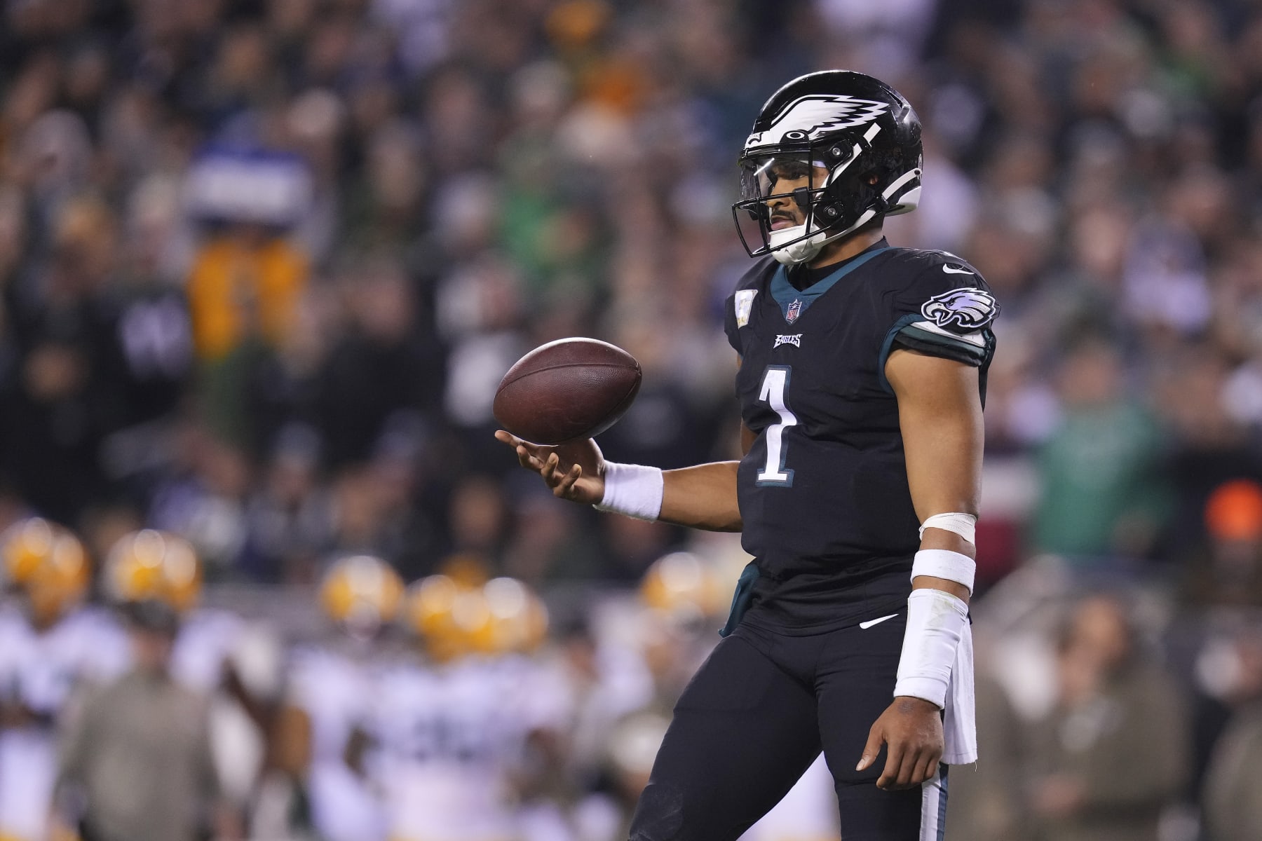 PHILADELPHIA, PA - NOVEMBER 27: Jalen Hurts #1 of the Philadelphia Eagles looks on against the Green Bay Packers at Lincoln Financial Field on November 27, 2022 in Philadelphia, Pennsylvania. (Photo by Mitchell Leff/Getty Images)