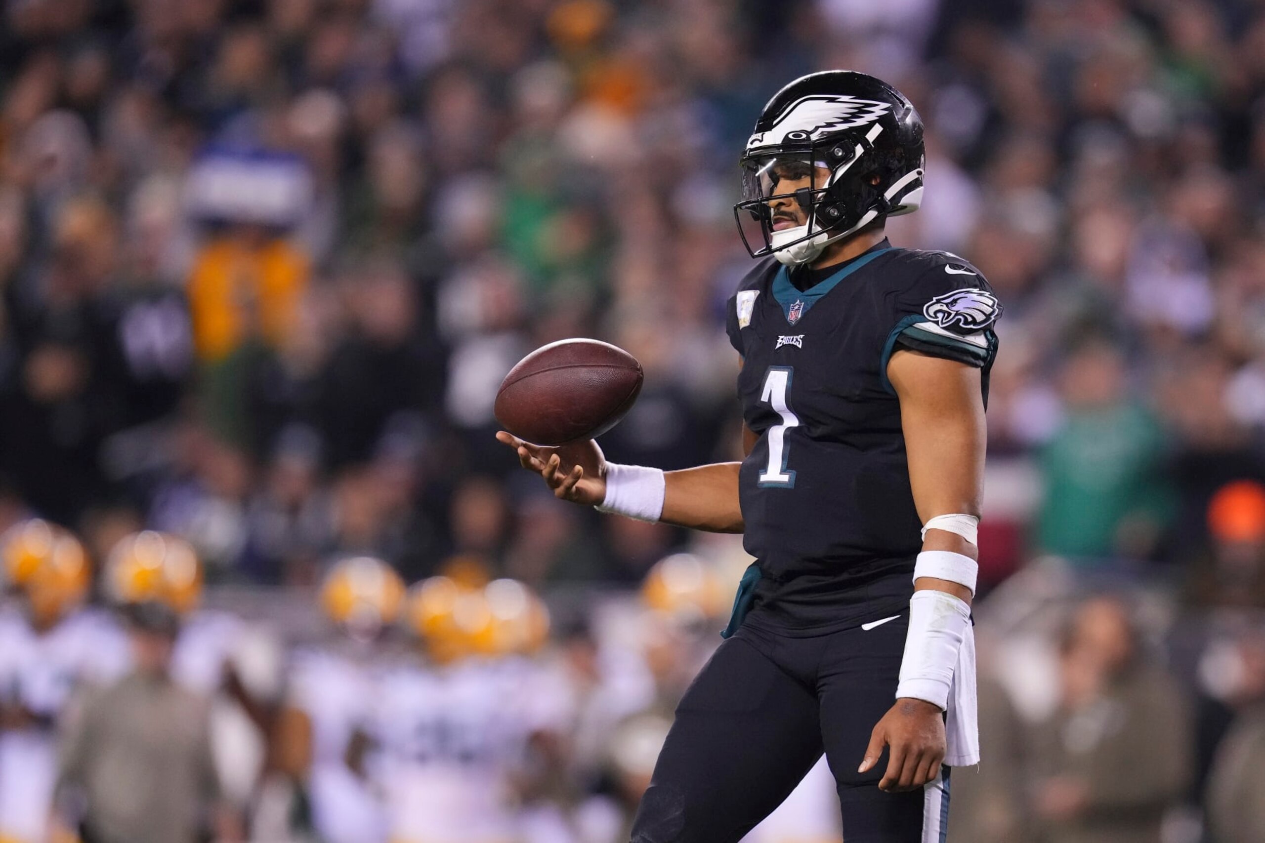 PHILADELPHIA, PA - NOVEMBER 27: Jalen Hurts #1 of the Philadelphia Eagles looks on against the Green Bay Packers at Lincoln Financial Field on November 27, 2022 in Philadelphia, Pennsylvania. (Photo by Mitchell Leff/Getty Images) PHILADELPHIA, PA - NOVEMBER 27: Jalen Hurts #1 of the Philadelphia Eagles looks on against the Green Bay Packers at Lincoln Financial Field on November 27, 2022 in Philadelphia, Pennsylvania. (Photo by Mitchell Leff/Getty Images)