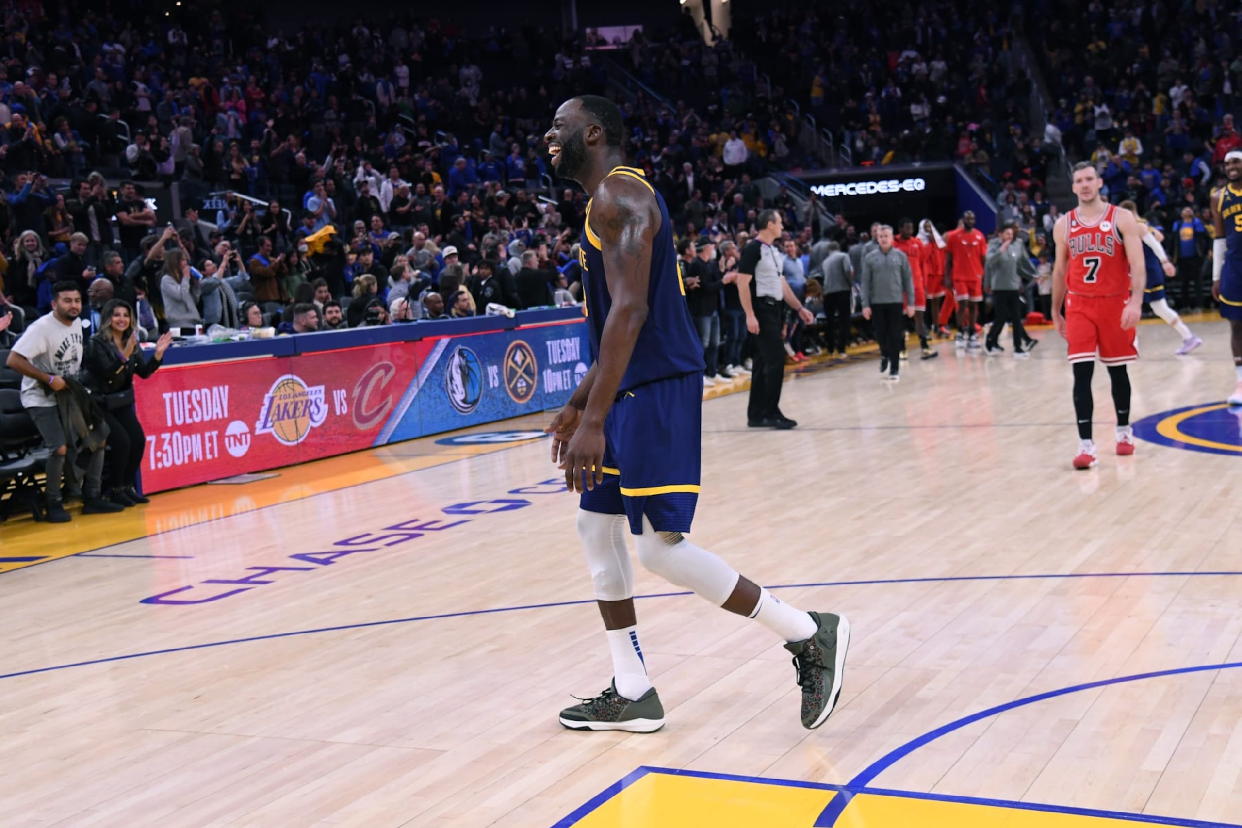 SAN FRANCISCO, CA - DECEMBER 2: Draymond Green #23 of the Golden State Warriors smiles after the game against the Chicago Bulls on December 2, 2022 at Chase Center in San Francisco, California. NOTE TO USER: User expressly acknowledges and agrees that, by downloading and or using this photograph, user is consenting to the terms and conditions of Getty Images License Agreement. Mandatory Copyright Notice: Copyright 2022 NBAE (Photo by Noah Graham/NBAE via Getty Images)
