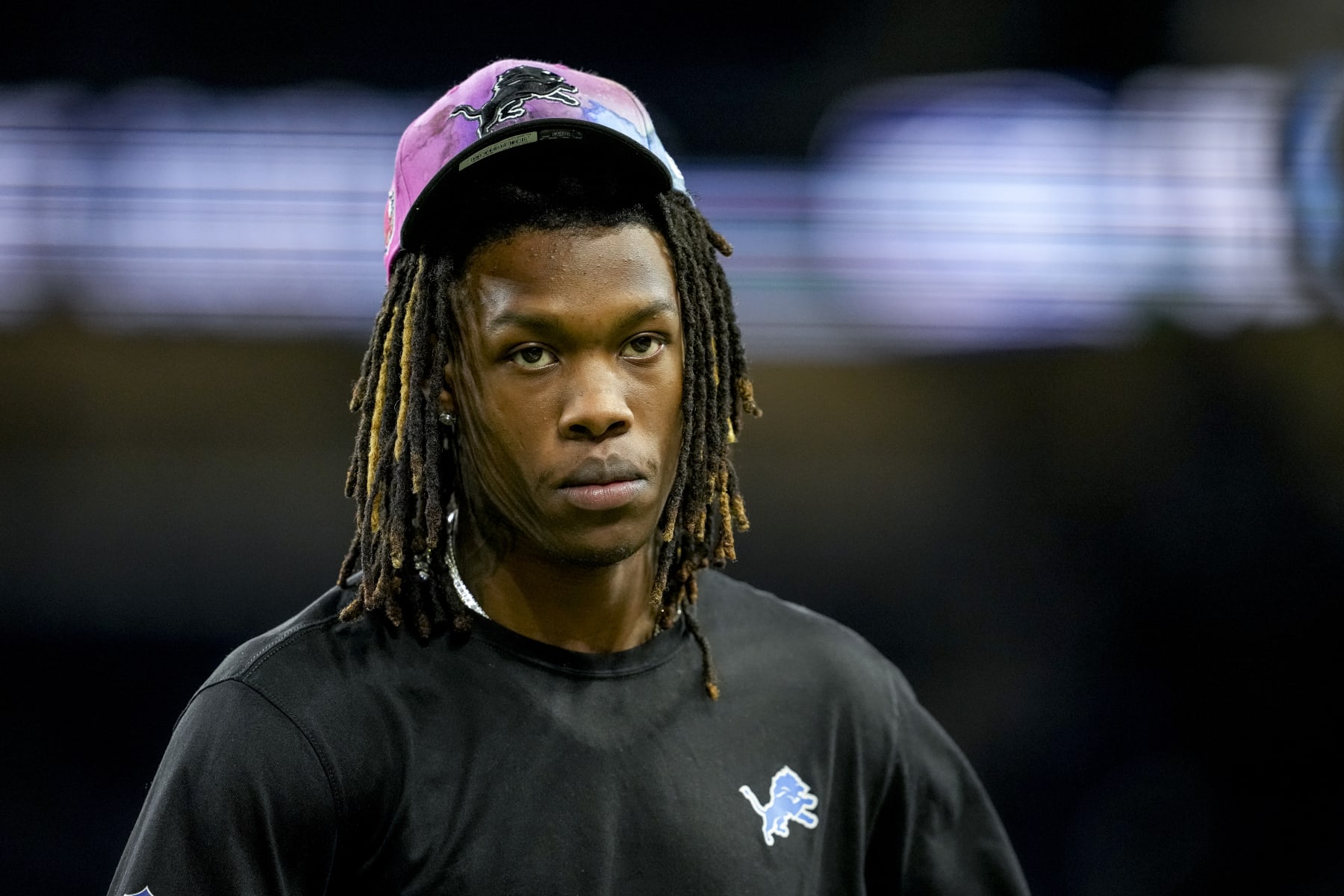 DETROIT, MICHIGAN - OCTOBER 02: Jameson Williams #9 of the Detroit Lions looks on before the game against the Seattle Seahawks at Ford Field on October 2, 2022 in Detroit, Michigan. (Photo by Nic Antaya/Getty Images)