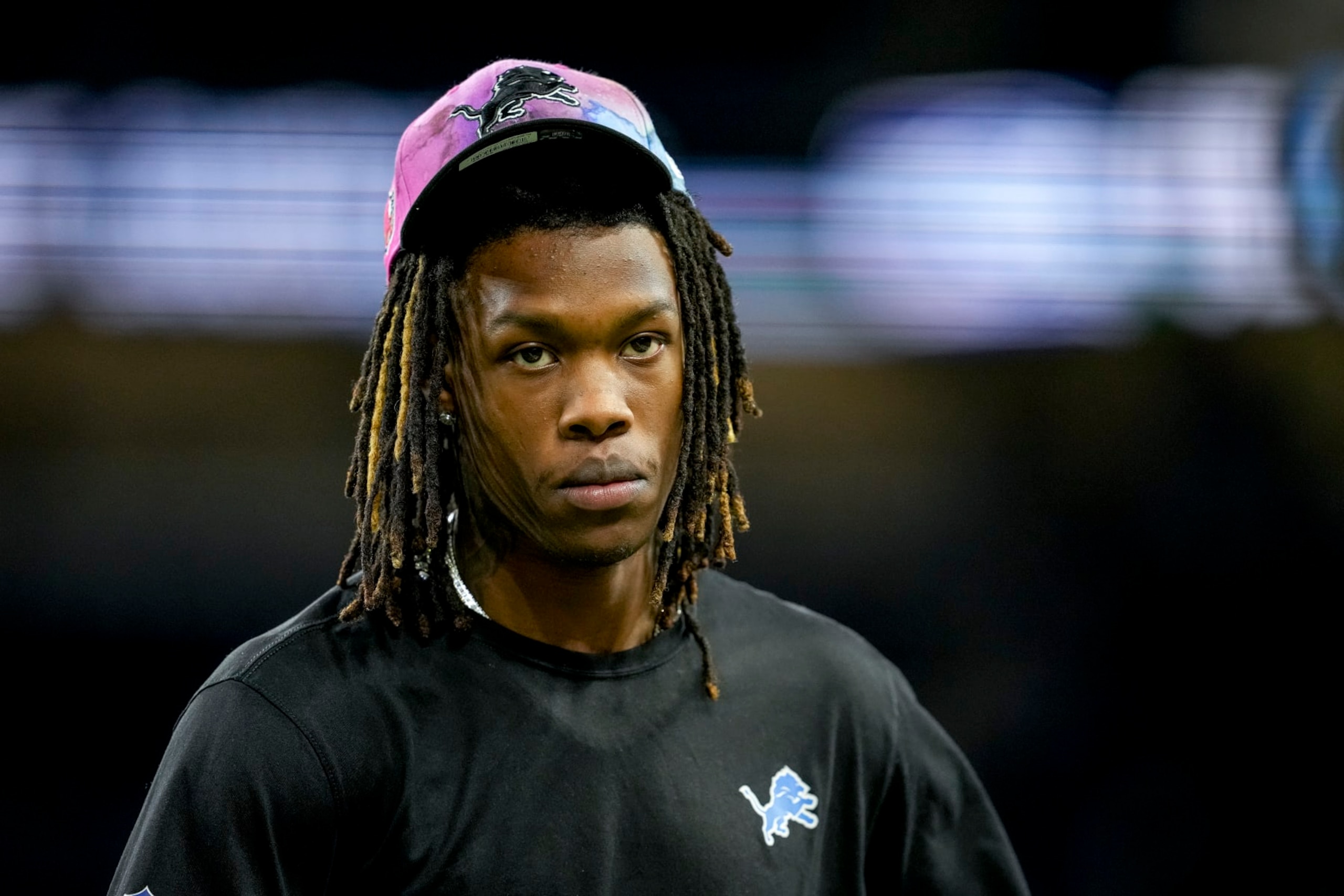 DETROIT, MICHIGAN - OCTOBER 02: Jameson Williams #9 of the Detroit Lions looks on before the game against the Seattle Seahawks at Ford Field on October 2, 2022 in Detroit, Michigan. (Photo by Nic Antaya/Getty Images)