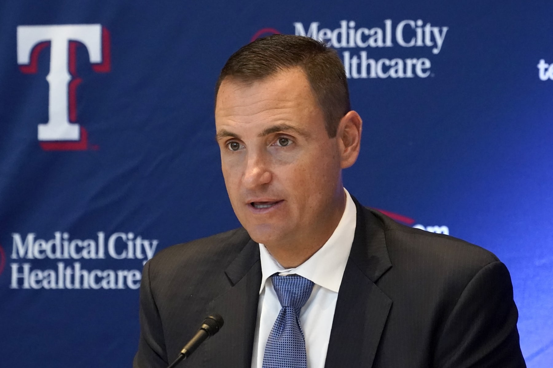 Texas Rangers baseball team general manager Chris Young responds to questions during a news conference where the team introduced Bruce Bochy as the new manager, in Arlington, Texas, Monday, Oct. 24, 2022. (AP Photo/Tony Gutierrez)