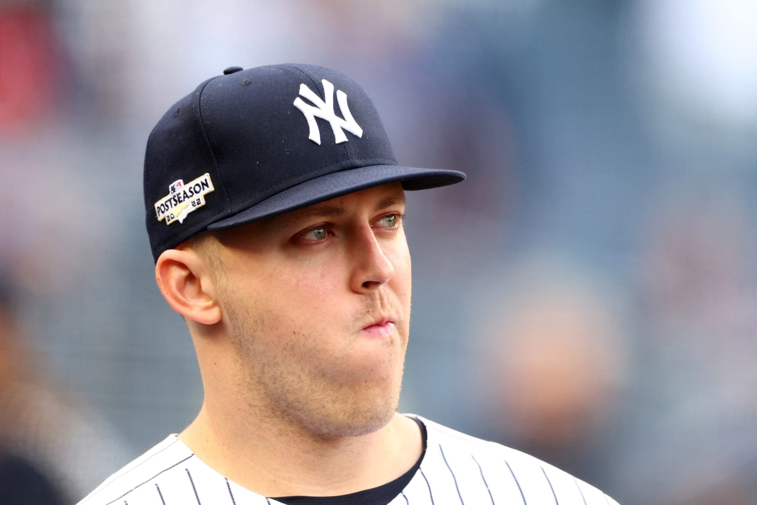 NEW YORK, NEW YORK - OCTOBER 22: Jameson Taillon #50 of the New York Yankees looks on prior to game three of the American League Championship Series against the Houston Astros at Yankee Stadium on October 22, 2022 in New York City. (Photo by Elsa/Getty Images)